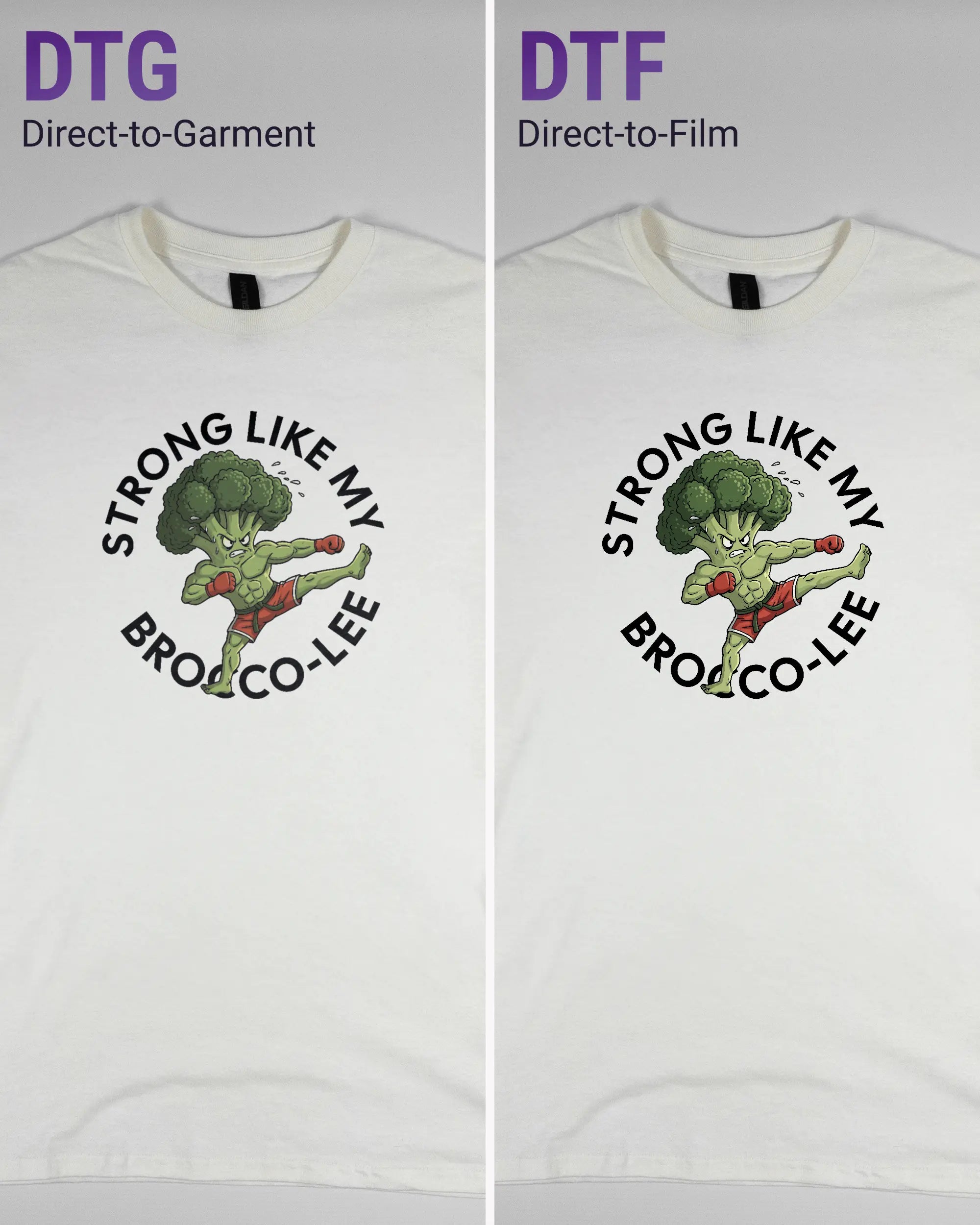 Vergleich der Vorderseiten des Basic Unisex T-Shirt Regular von Maondo mit dem Design Brocco-Lee in der Farbe White und in der Größe S links mit dem Direct-to-Garment und rechts mit dem Direct-to-Film Verfahren