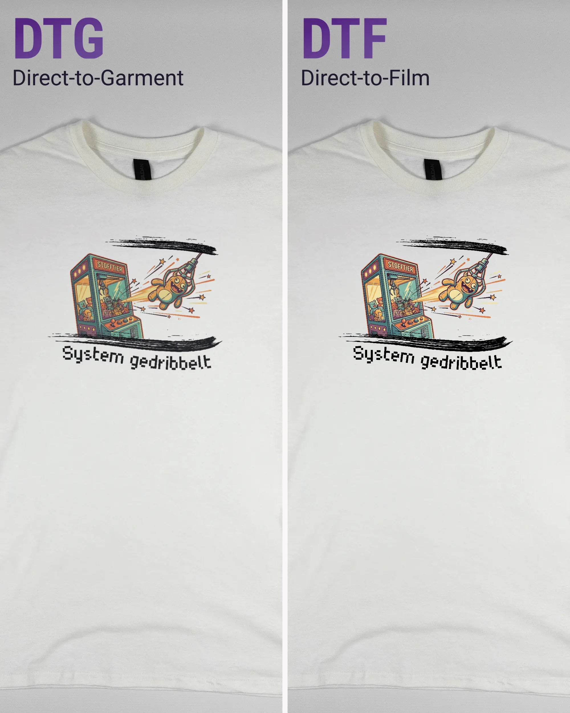 Vergleich der Vorderseiten des Basic Unisex T-Shirt Regular von Maondo mit dem Design System gedribbelt in der Farbe White und in der Größe S links mit dem Direct-to-Garment und rechts mit dem Direct-to-Film Verfahren