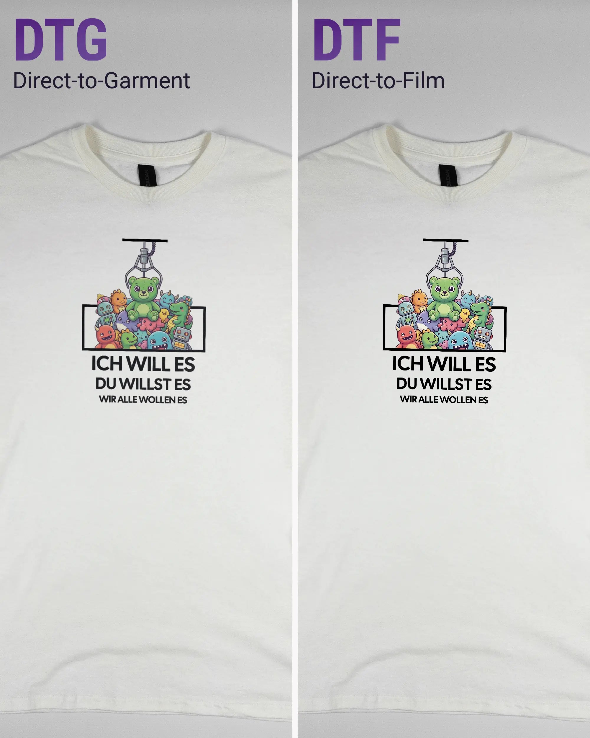 Vergleich der Vorderseiten des Basic Unisex T-Shirt Regular von Maondo mit dem Design Will Stofftier in der Farbe White und in der Größe S links mit dem Direct-to-Garment und rechts mit dem Direct-to-Film Verfahren