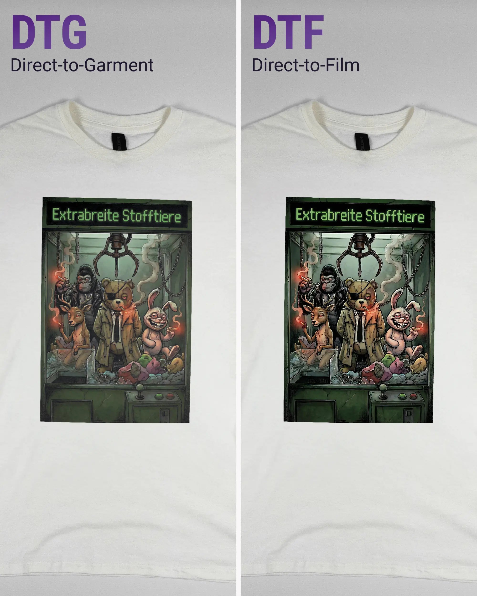 Vergleich der Vorderseiten des Basic Unisex T-Shirt Regular von Maondo mit dem Design Extrabreit in der Farbe White und in der Größe S links mit dem Direct-to-Garment und rechts mit dem Direct-to-Film Verfahren