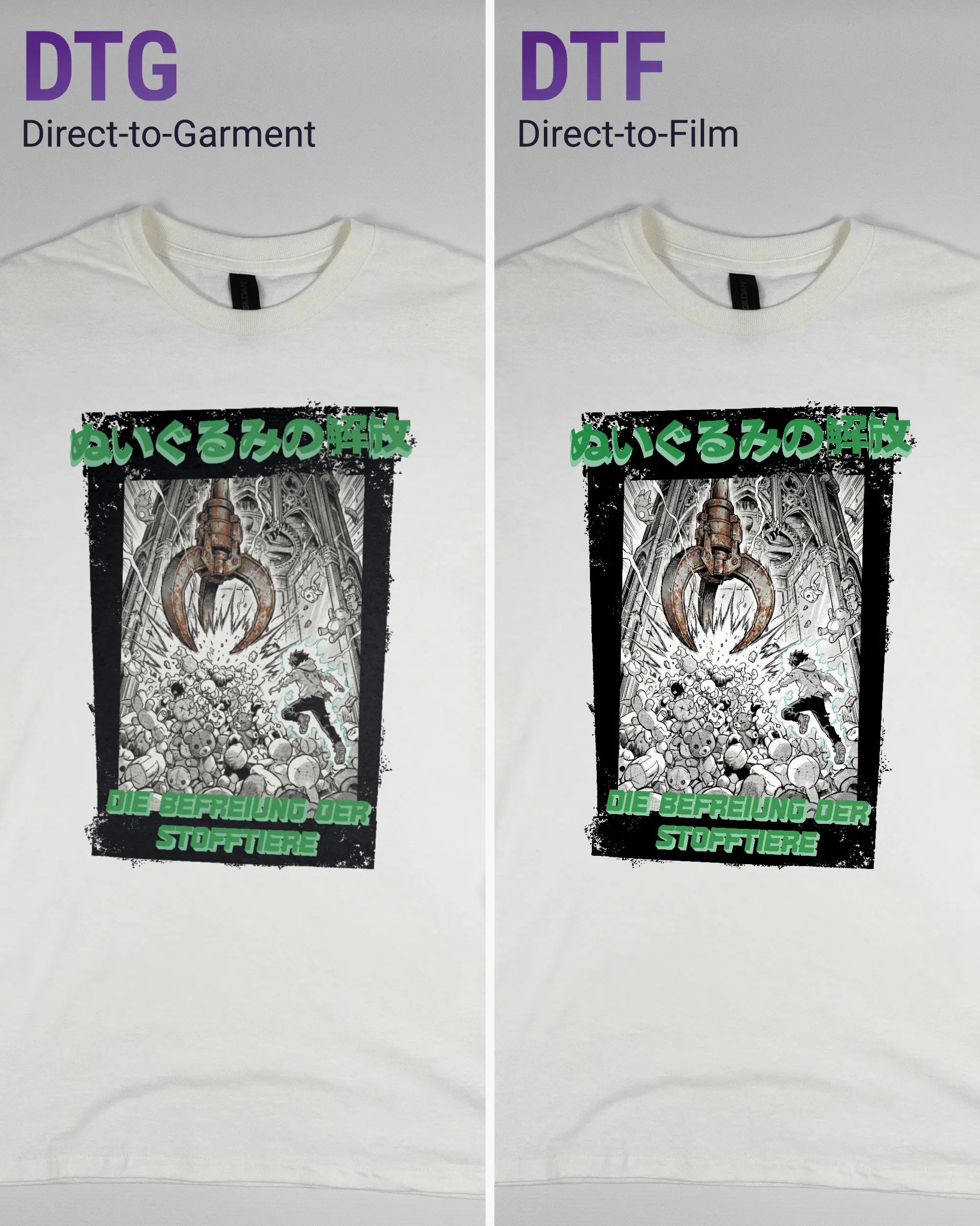 Vergleich der Vorderseiten des Basic Unisex T-Shirt Regular von Maondo mit dem Design Save 1 Stofftier in der Farbe White und in der Größe S links mit dem Direct-to-Garment und rechts mit dem Direct-to-Film Verfahren