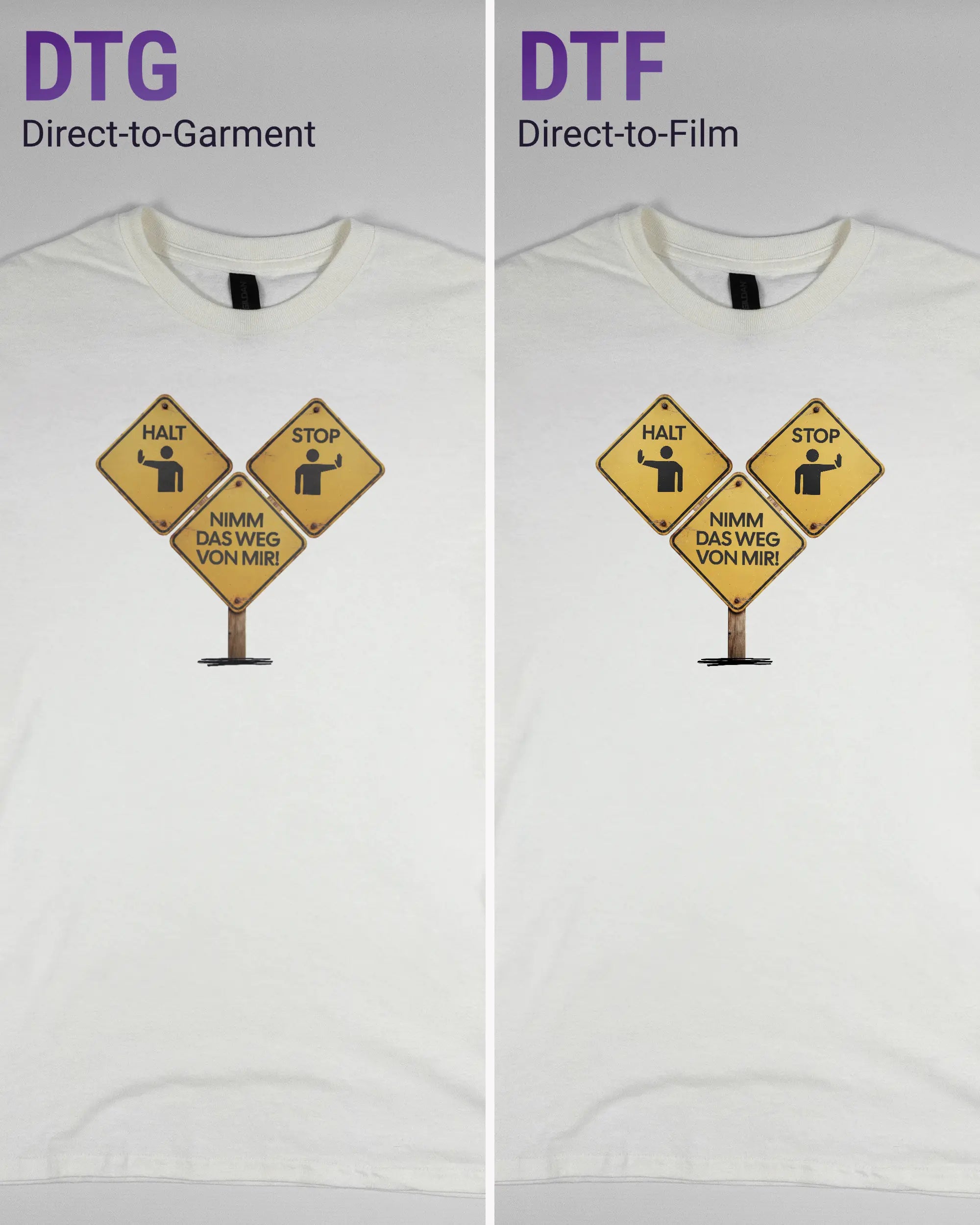 Vergleich der Vorderseiten des Basic Unisex T-Shirt Regular von Maondo mit dem Design Schutzschild in der Farbe White und in der Größe S links mit dem Direct-to-Garment und rechts mit dem Direct-to-Film Verfahren