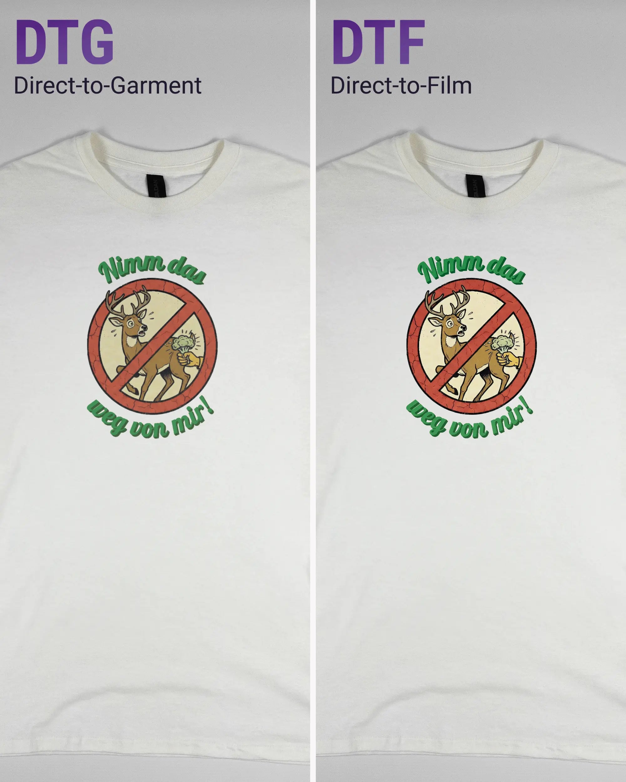 Vergleich der Vorderseiten des Basic Unisex T-Shirt Regular von Maondo mit dem Design Reh weg in der Farbe White und in der Größe S links mit dem Direct-to-Garment und rechts mit dem Direct-to-Film Verfahren