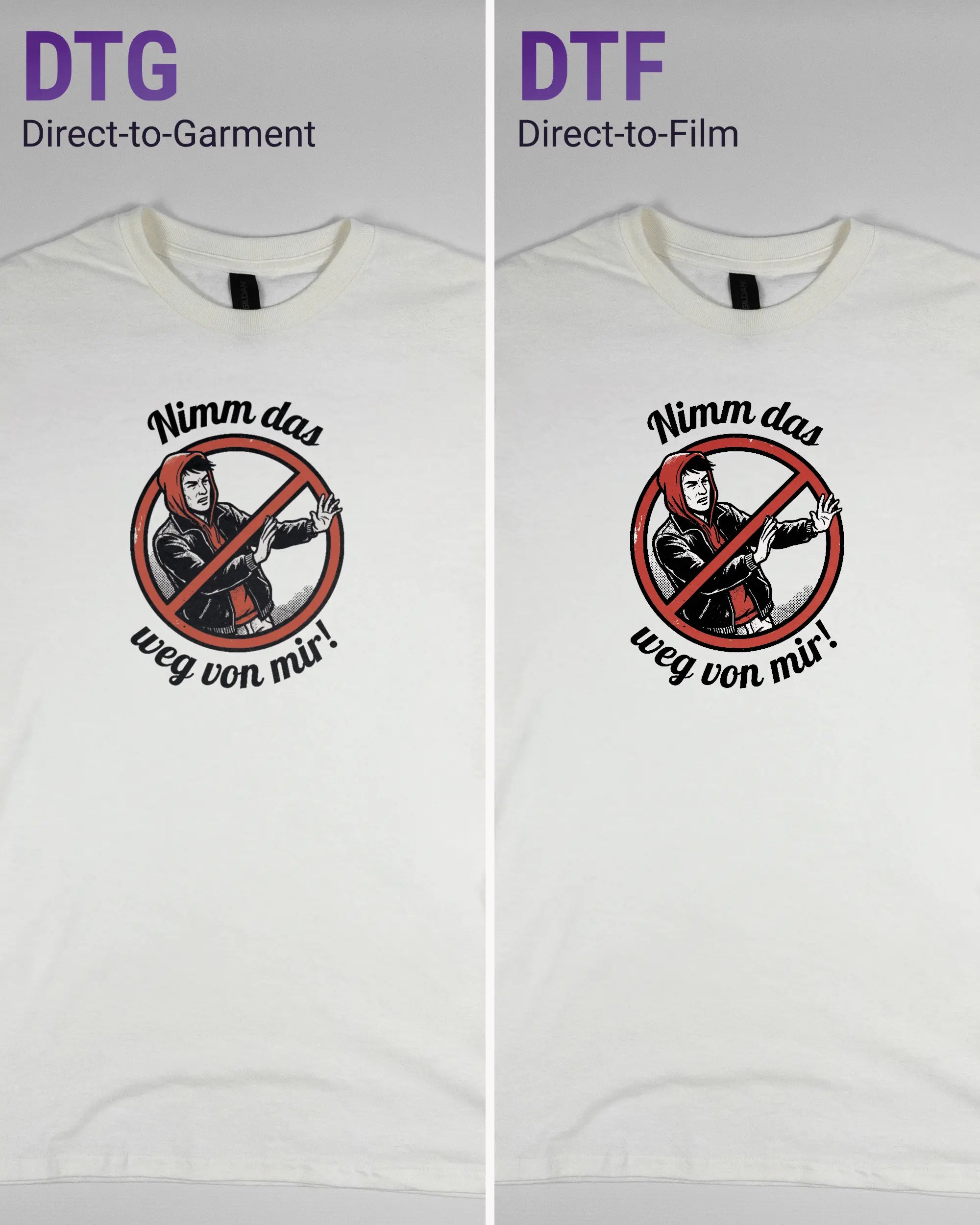 Vergleich der Vorderseiten des Basic Unisex T-Shirt Regular von Maondo mit dem Design Nimm das weg in der Farbe White und in der Größe S links mit dem Direct-to-Garment und rechts mit dem Direct-to-Film Verfahren