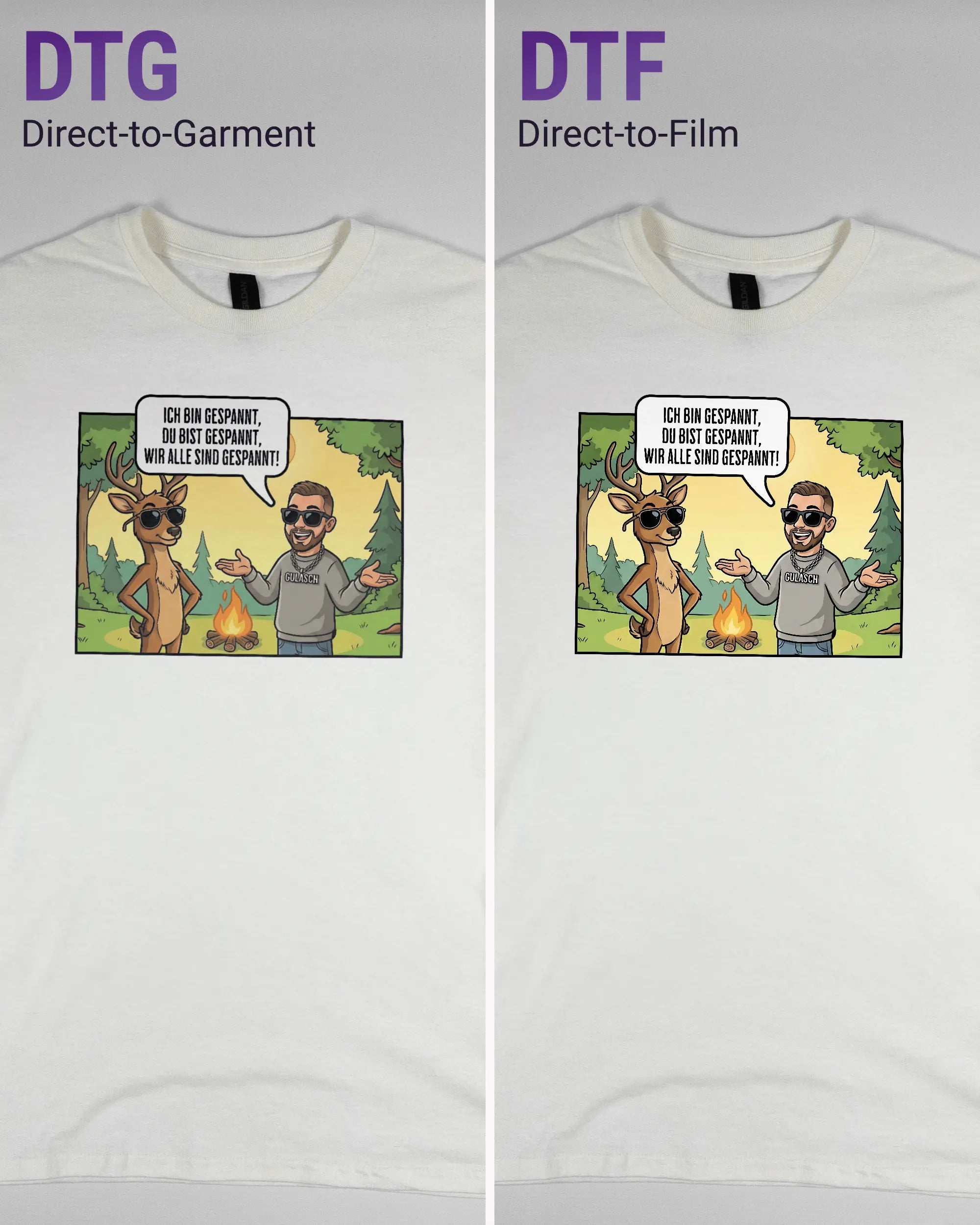 Vergleich der Vorderseiten des Basic Unisex T-Shirt Regular von Maondo mit dem Design Vollspannung in der Farbe White und in der Größe S links mit dem Direct-to-Garment und rechts mit dem Direct-to-Film Verfahren