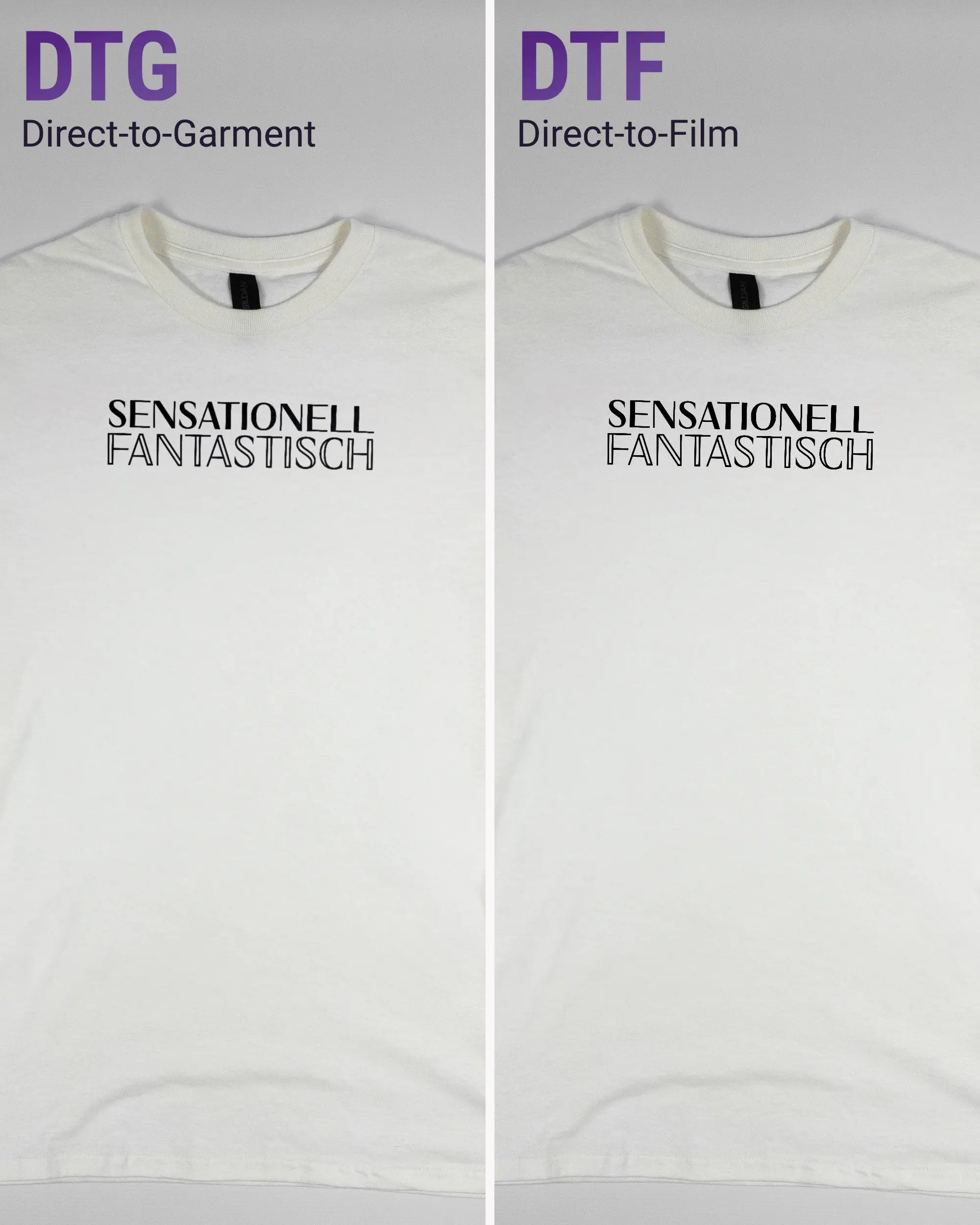 Vergleich der Vorderseiten des Basic Unisex T-Shirt Regular von Maondo mit dem Design Sensationell in der Farbe White und in der Größe S links mit dem Direct-to-Garment und rechts mit dem Direct-to-Film Verfahren