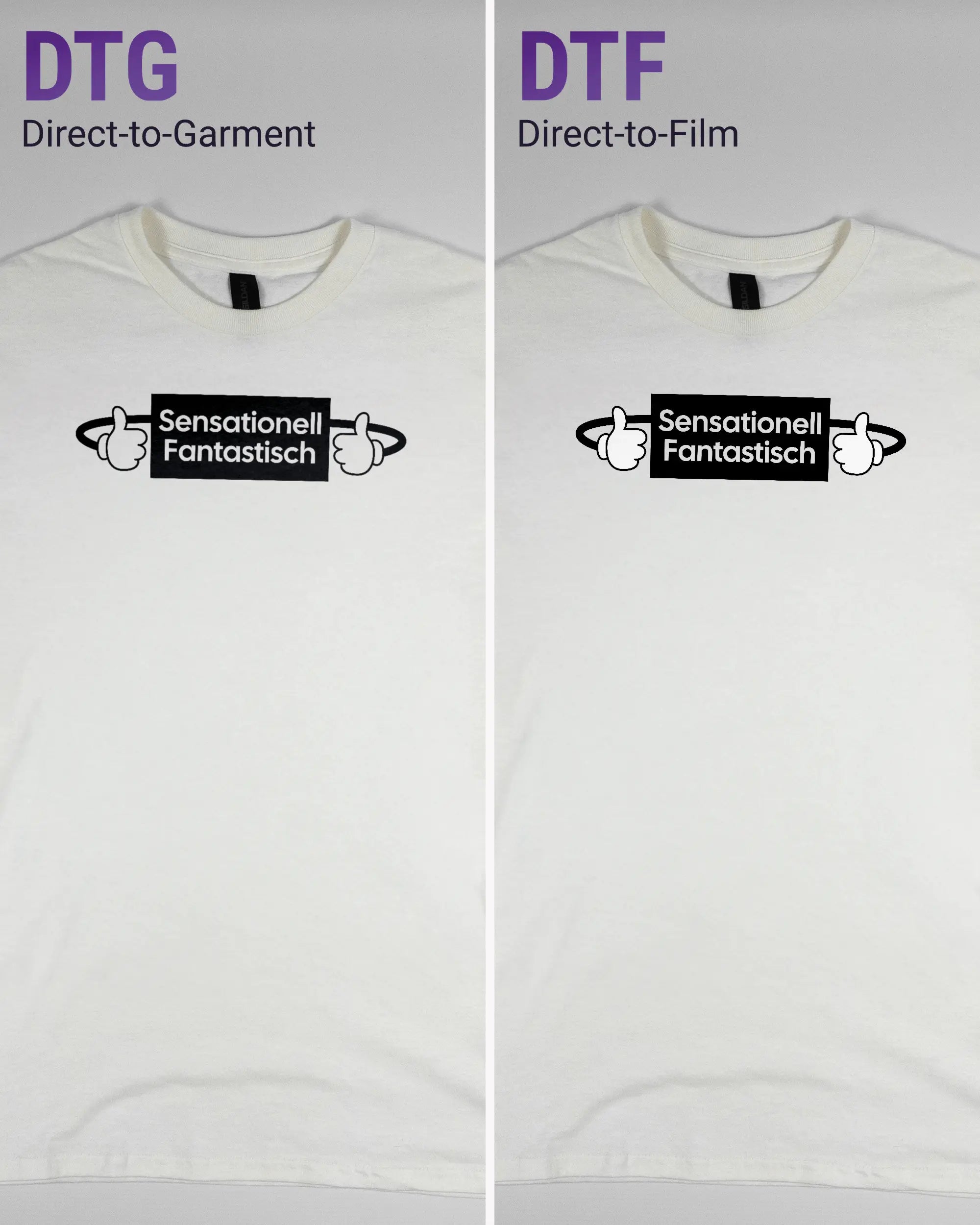 Vergleich der Vorderseiten des Basic Unisex T-Shirt Regular von Maondo mit dem Design Fantastisch in der Farbe White und in der Größe S links mit dem Direct-to-Garment und rechts mit dem Direct-to-Film Verfahren