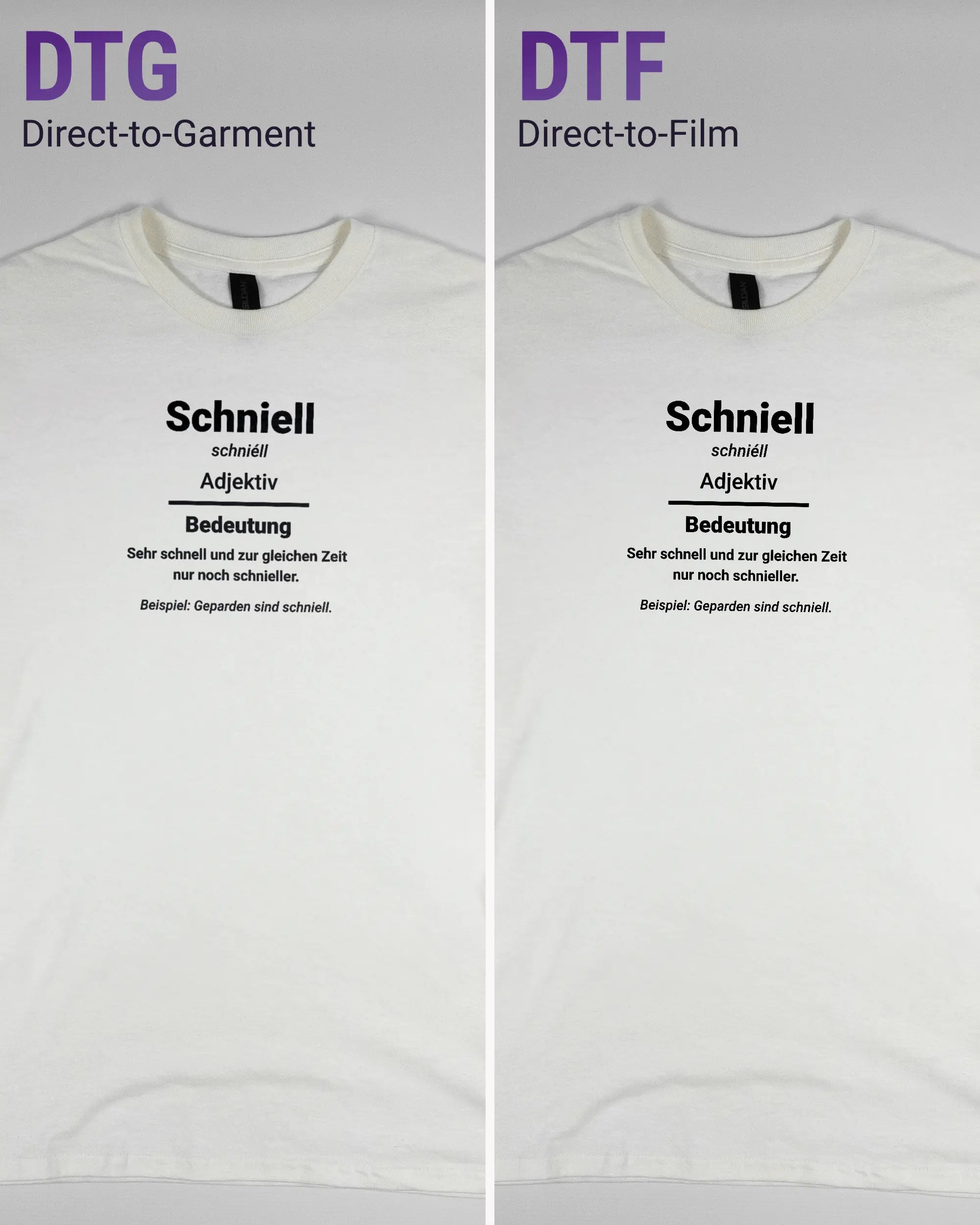 Vergleich der Vorderseiten des Basic Unisex T-Shirt Regular von Maondo mit dem Design Schniell in der Farbe White und in der Größe S links mit dem Direct-to-Garment und rechts mit dem Direct-to-Film Verfahren
