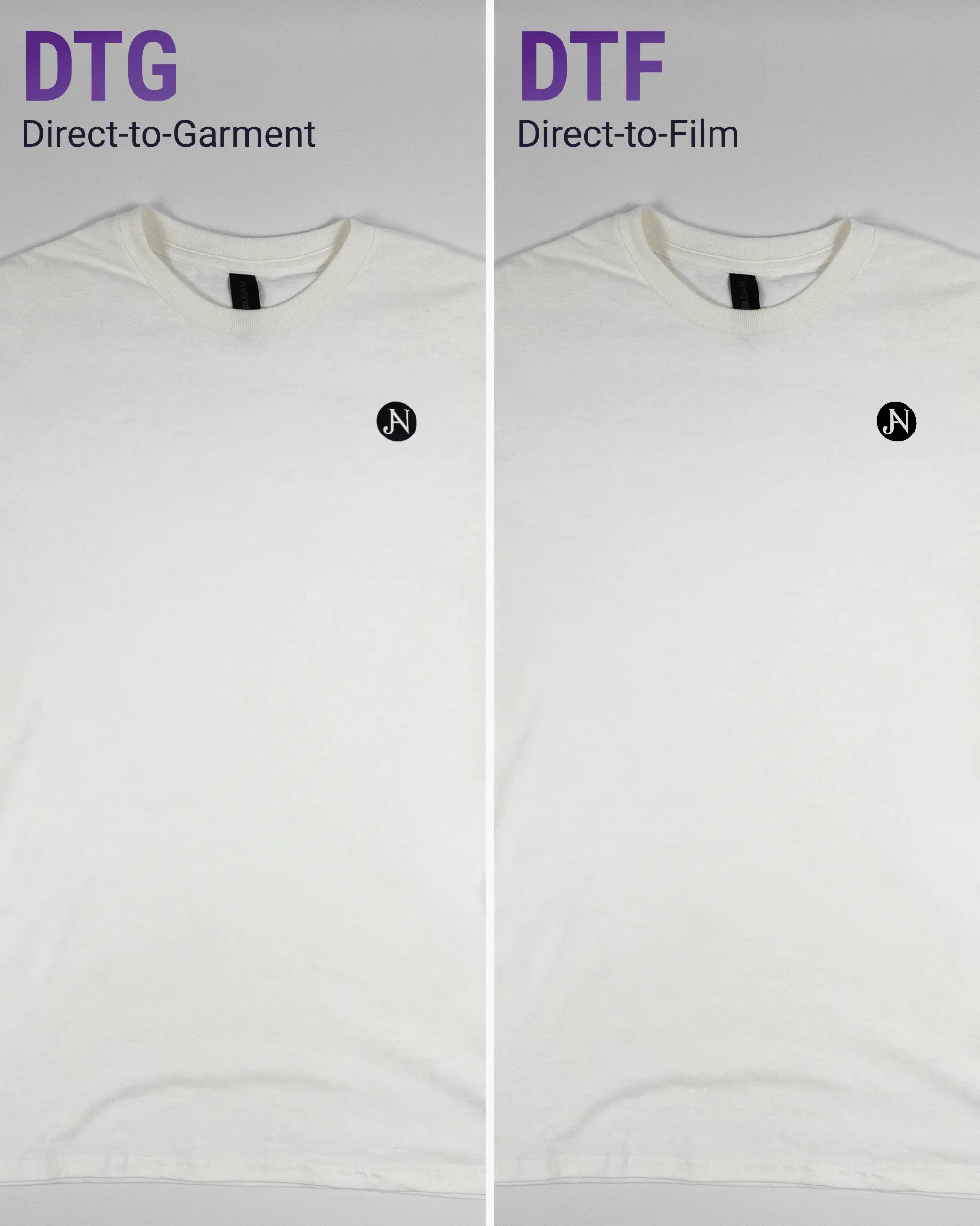 Vergleich der Vorderseiten des Basic Unisex T-Shirt Regular von Maondo mit dem Design JB1 in der Farbe White und in der Größe S links mit dem Direct-to-Garment und rechts mit dem Direct-to-Film Verfahren