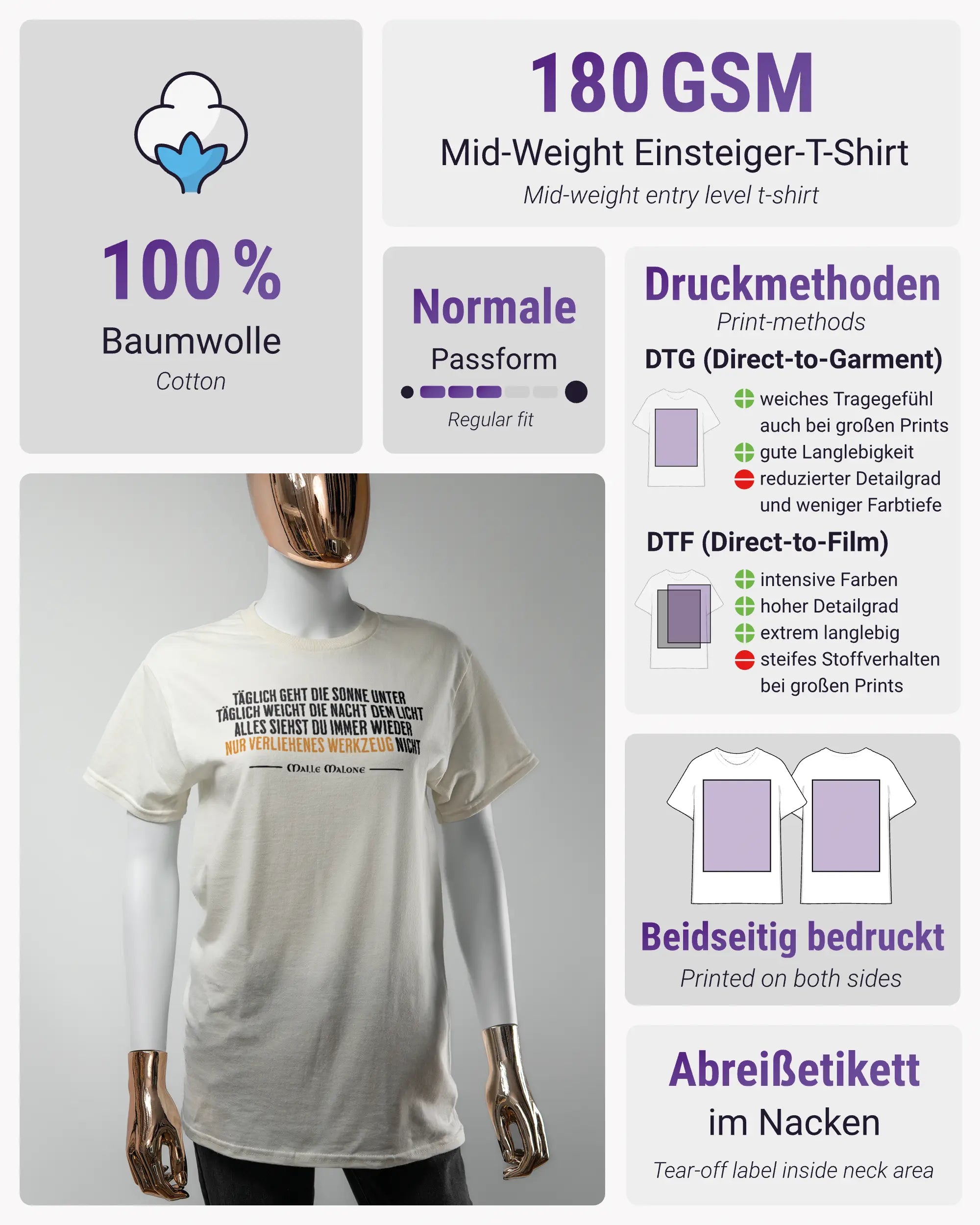 Produktinformationsblatt des Basic Unisex T-Shirt Regular von Maondo mit dem Design Wegzeug vorne in der Farbe White und in der Größe S