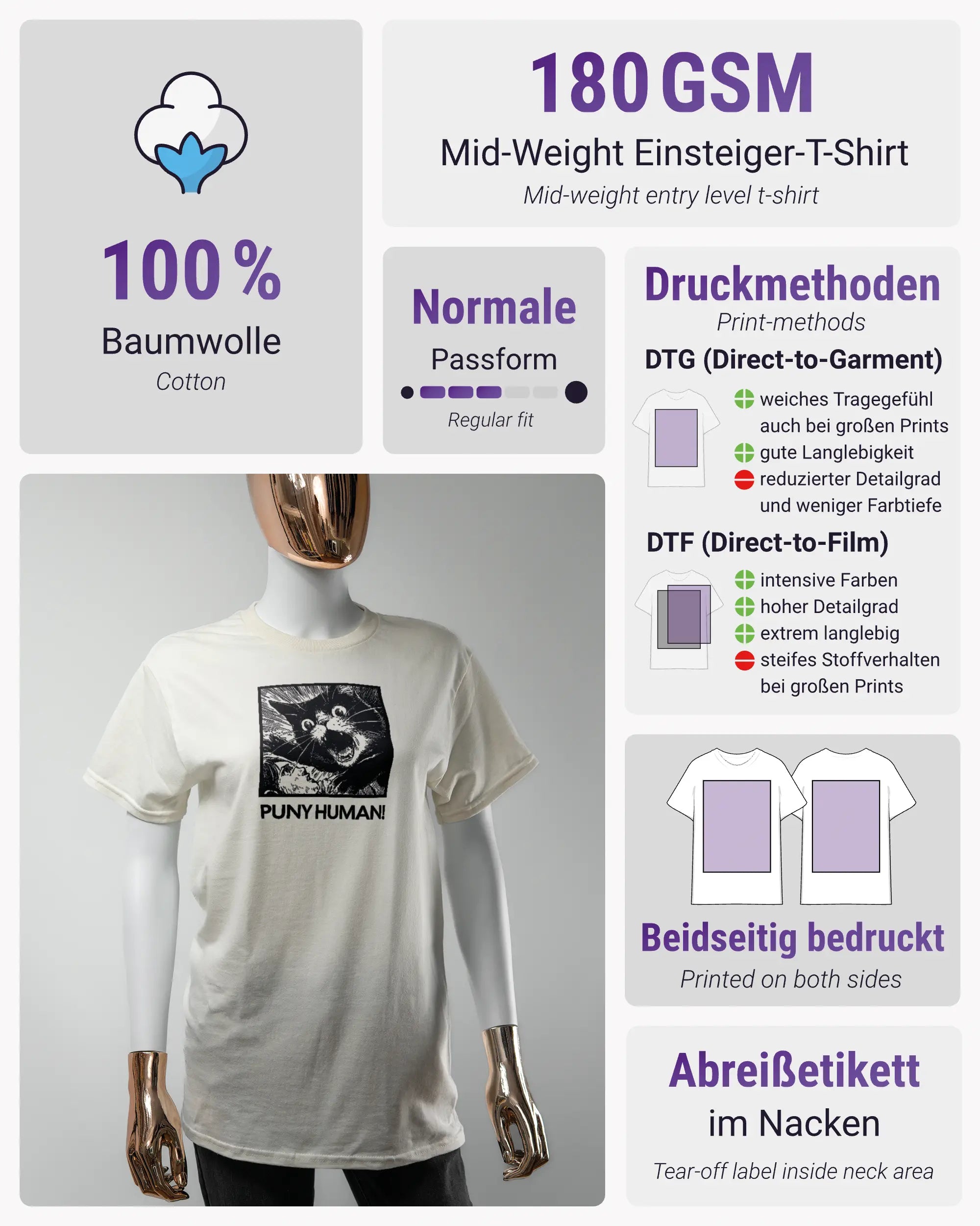 Produktinformationsblatt des Basic Unisex T-Shirt Regular von Maondo mit dem Design Puny Human vorne in der Farbe White und in der Größe S