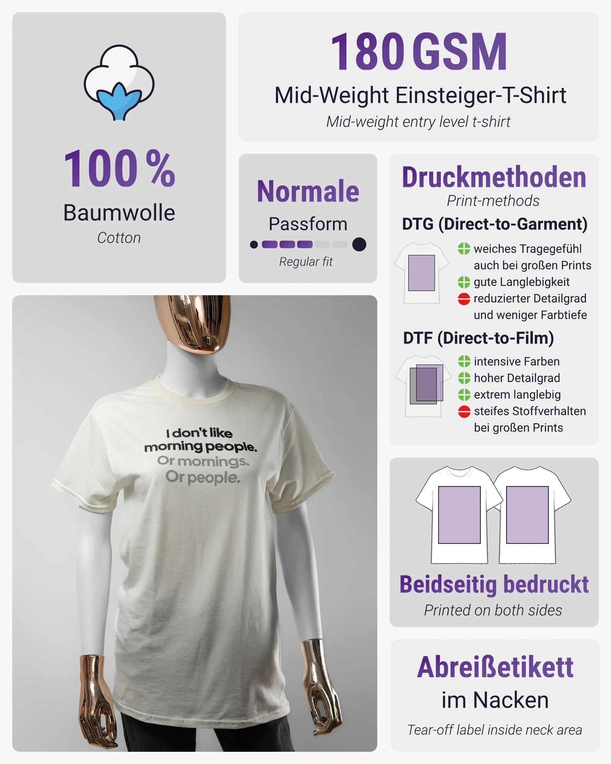 Produktinformationsblatt des Basic Unisex T-Shirt Regular von Maondo mit dem Design Morning Person vorne in der Farbe White und in der Größe S