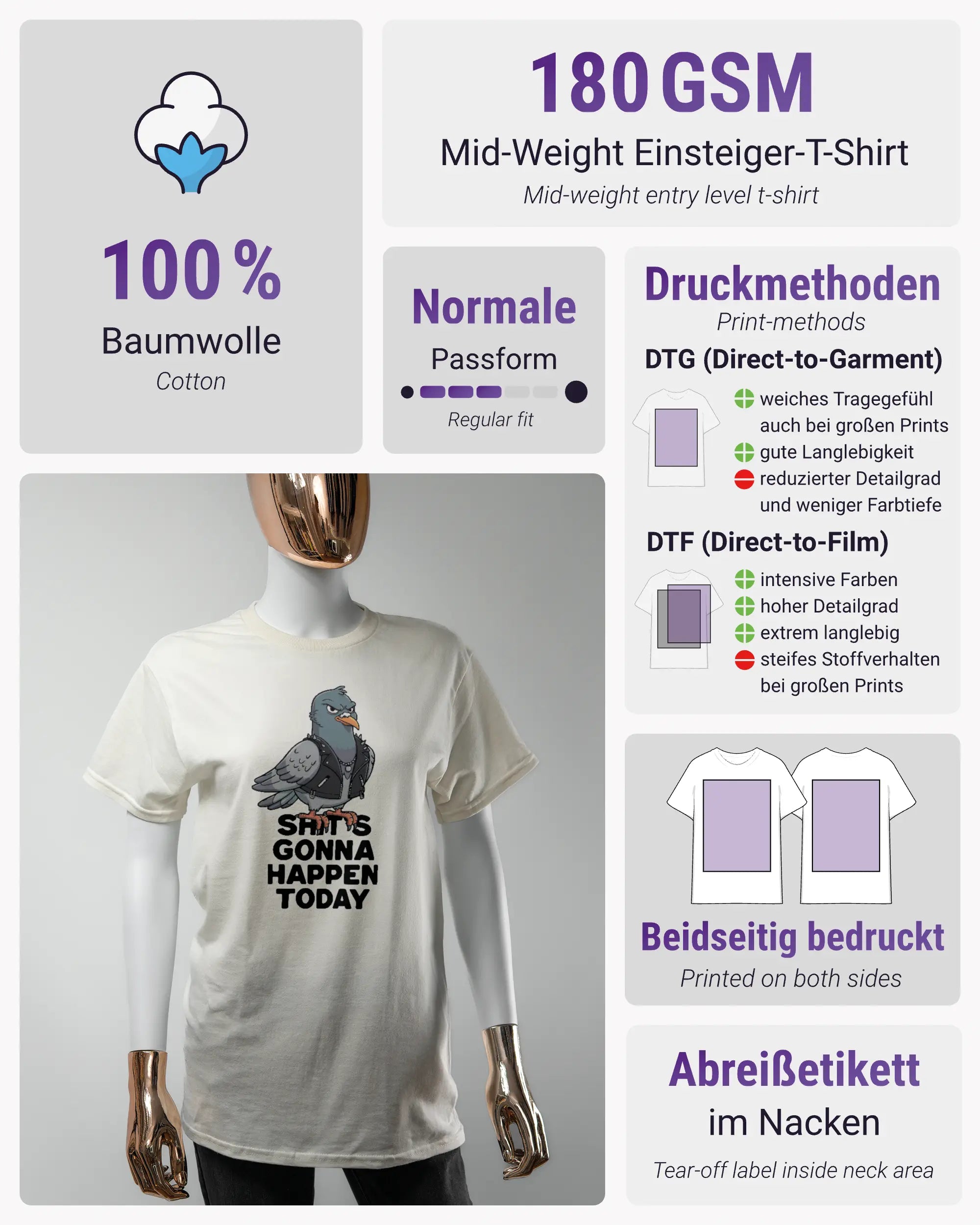 Produktinformationsblatt des Basic Unisex T-Shirt Regular von Maondo mit dem Design Pigeon Pun vorne in der Farbe White und in der Größe S