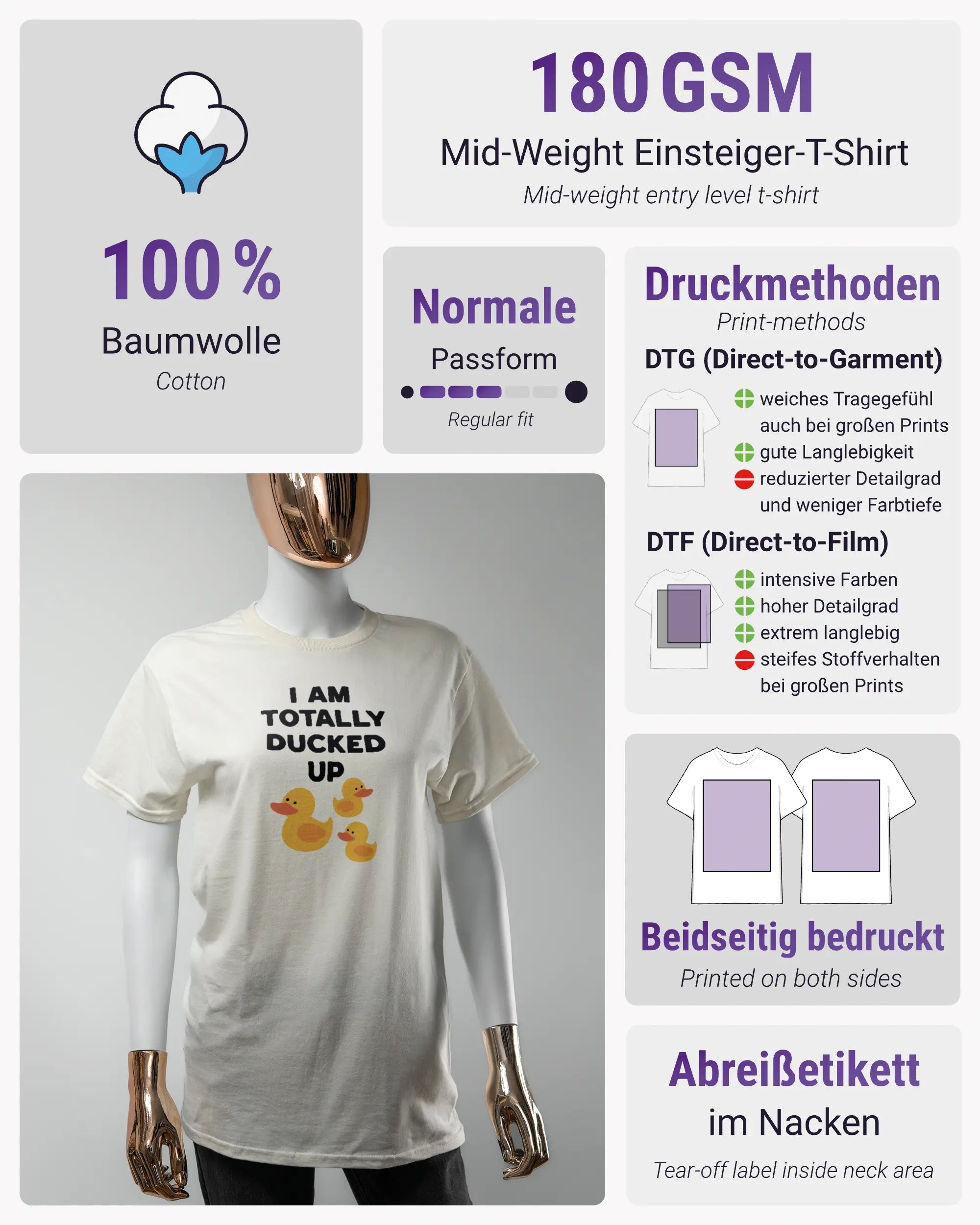 Produktinformationsblatt des Basic Unisex T-Shirt Regular von Maondo mit dem Design Ducked Up vorne in der Farbe White und in der Größe S