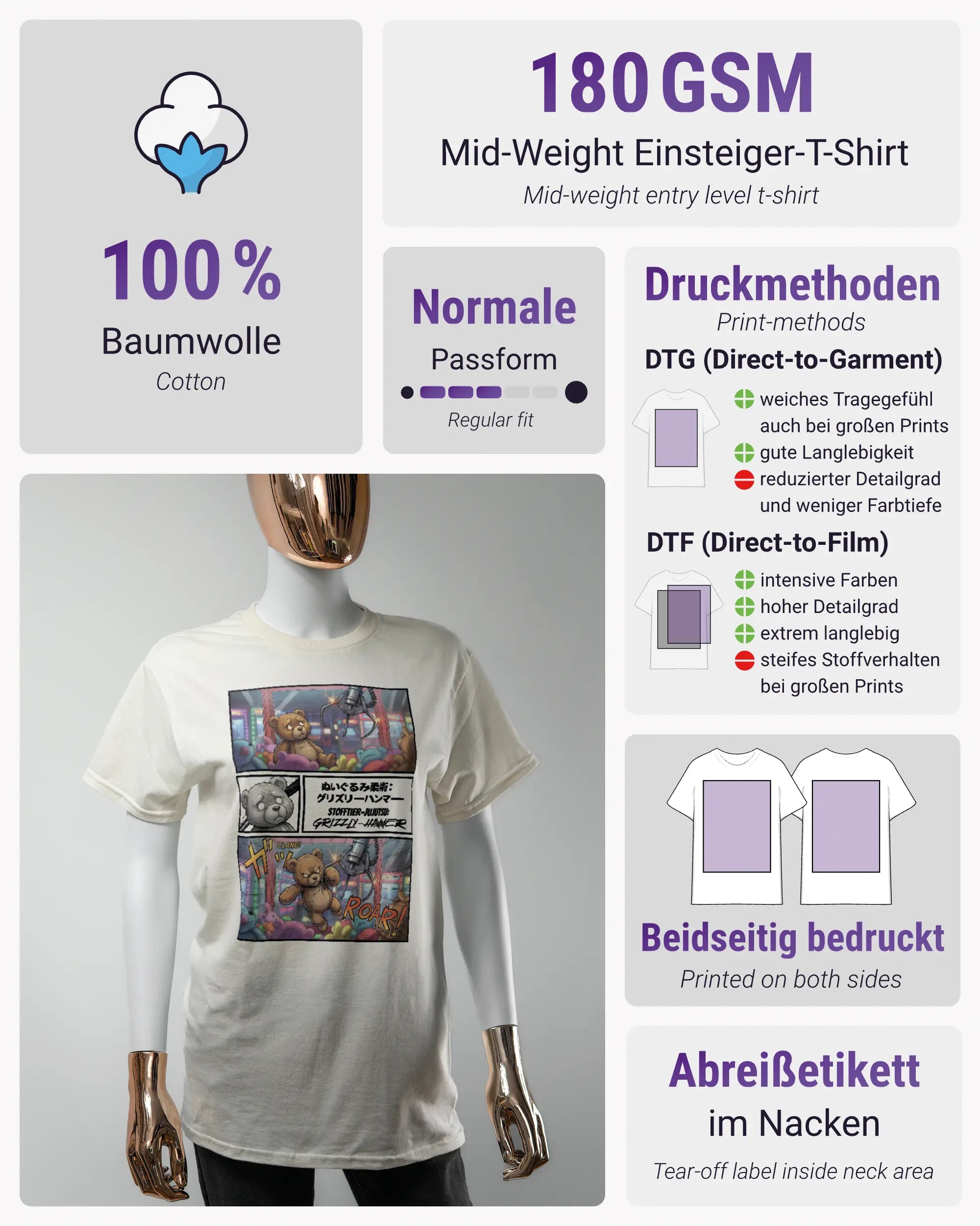 Produktinformationsblatt des Basic Unisex T-Shirt Regular von Maondo mit dem Design Manga Stoff vorne in der Farbe White und in der Größe S