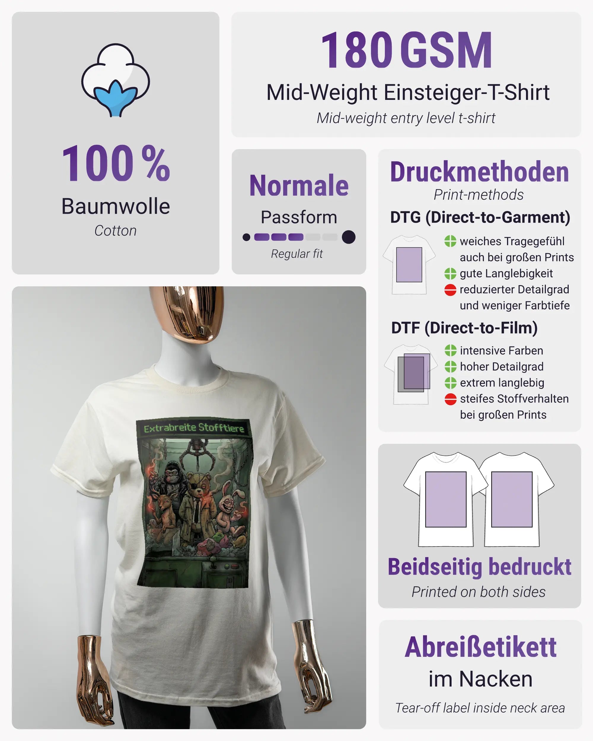 Produktinformationsblatt des Basic Unisex T-Shirt Regular von Maondo mit dem Design Extrabreit vorne in der Farbe White und in der Größe S
