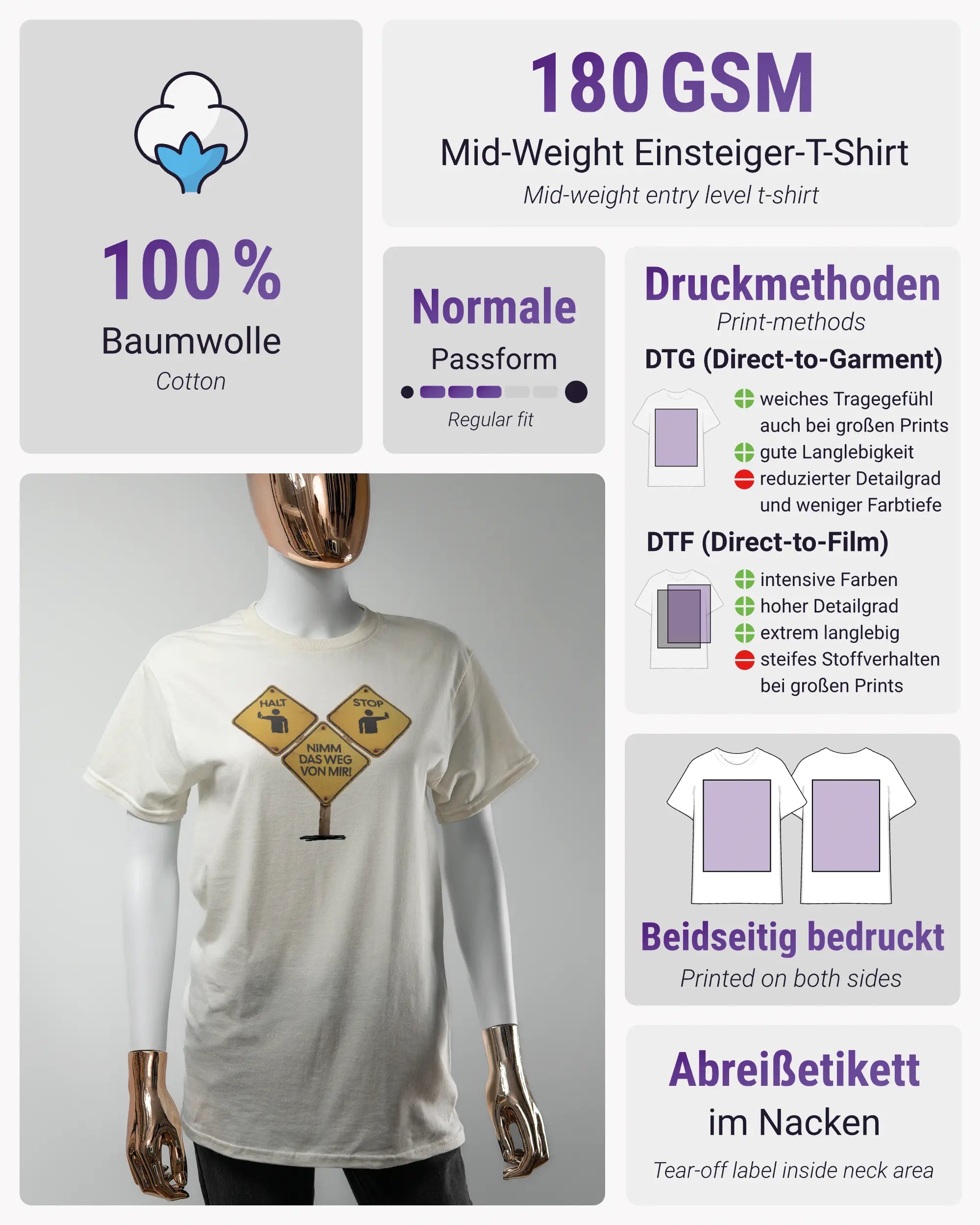 Produktinformationsblatt des Basic Unisex T-Shirt Regular von Maondo mit dem Design Schutzschild vorne in der Farbe White und in der Größe S