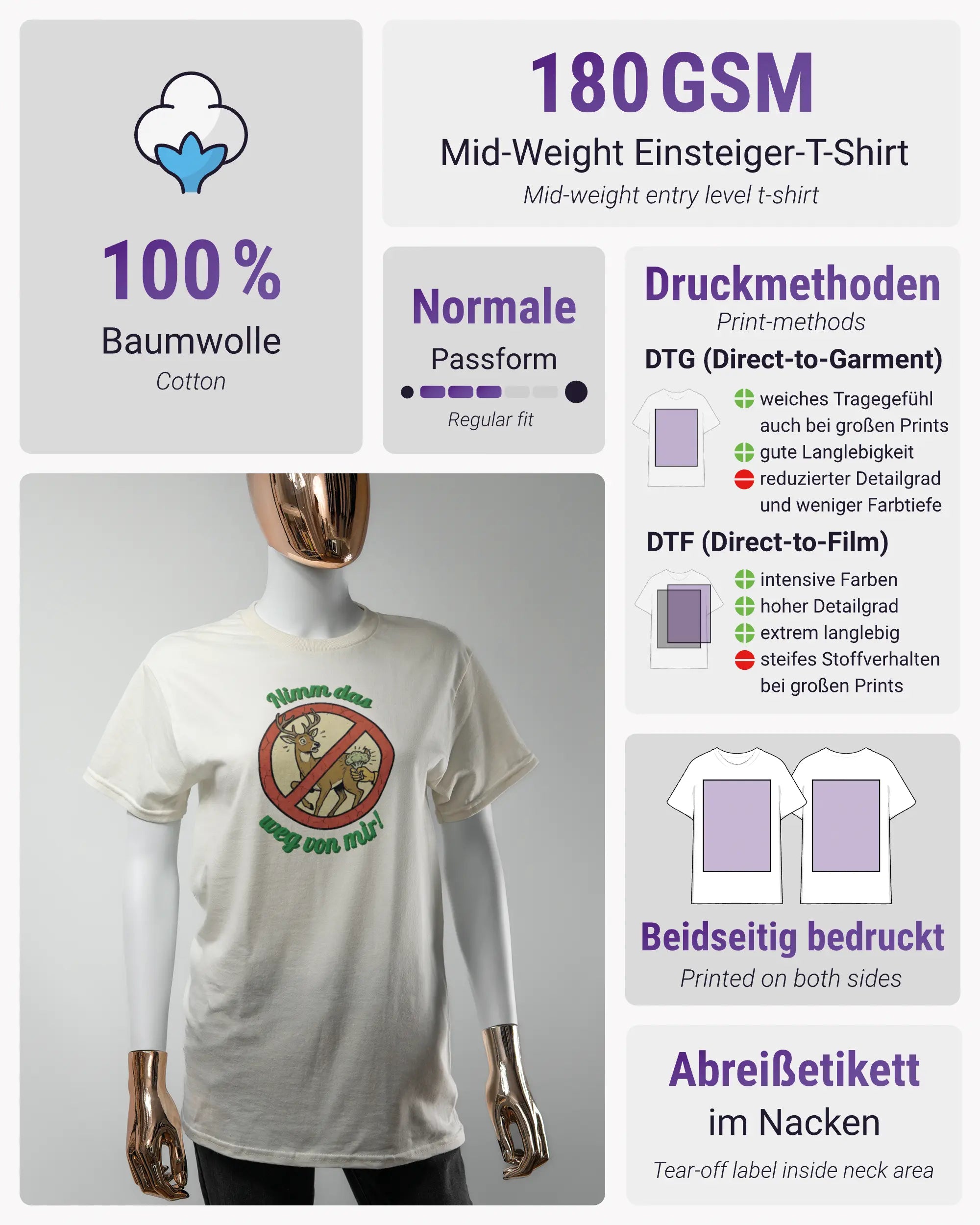 Produktinformationsblatt des Basic Unisex T-Shirt Regular von Maondo mit dem Design Reh weg vorne in der Farbe White und in der Größe S