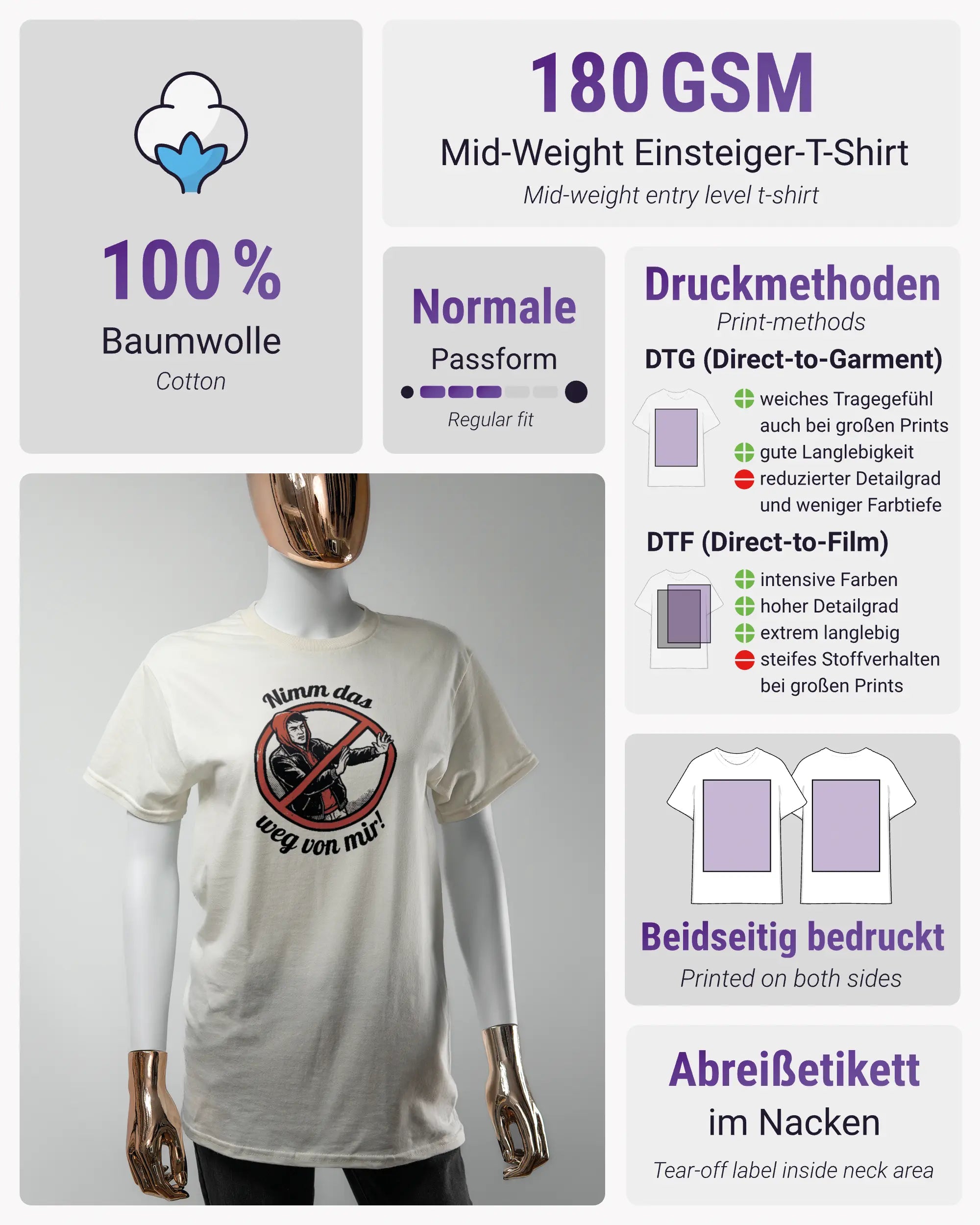Produktinformationsblatt des Basic Unisex T-Shirt Regular von Maondo mit dem Design Nimm das weg vorne in der Farbe White und in der Größe S