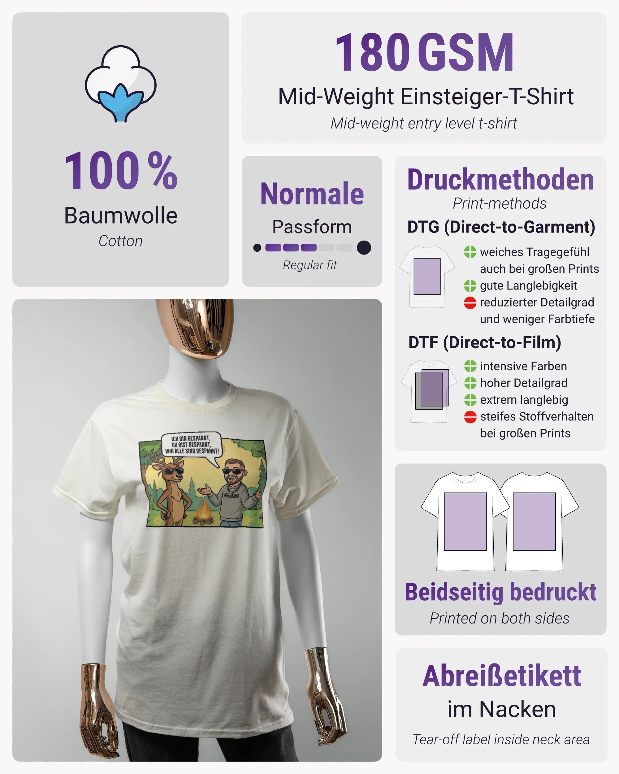 Produktinformationsblatt des Basic Unisex T-Shirt Regular von Maondo mit dem Design Vollspannung vorne in der Farbe White und in der Größe S