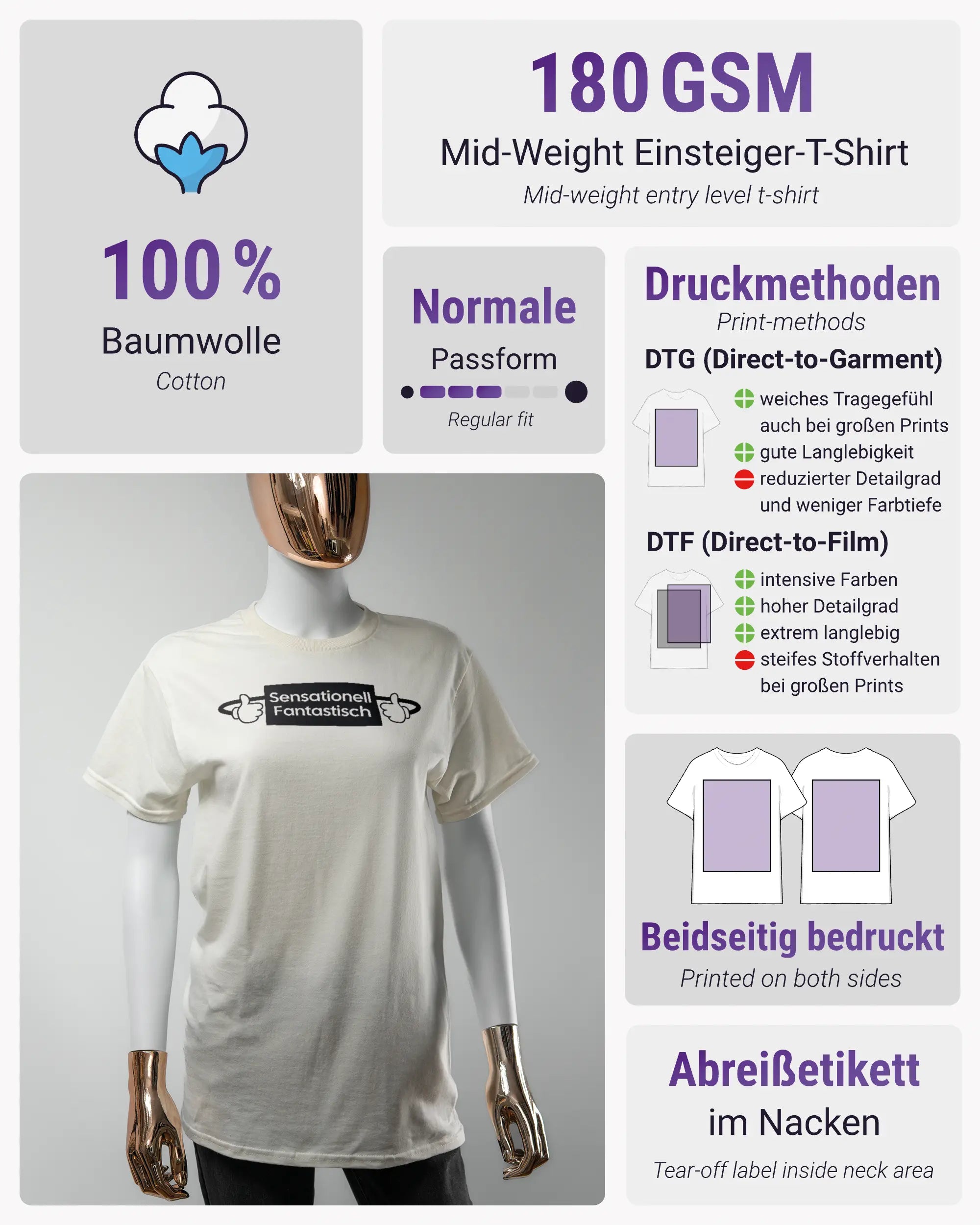 Produktinformationsblatt des Basic Unisex T-Shirt Regular von Maondo mit dem Design Fantastisch vorne in der Farbe White und in der Größe S