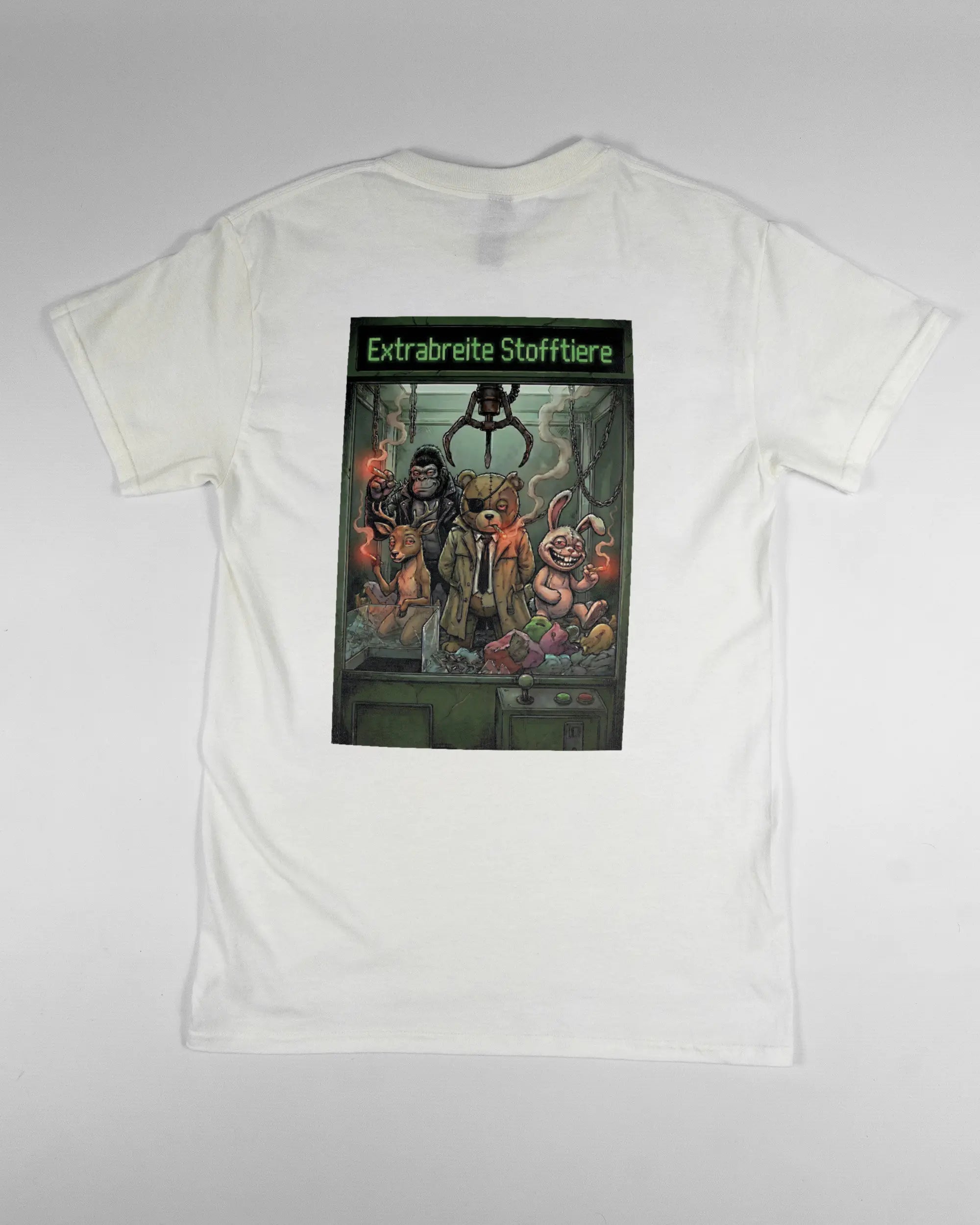 Rückseite des Basic Unisex T-Shirt Regular von Maondo mit dem Design Extrabreit in der Farbe White und in der Größe S flach auf den Boden gelegt