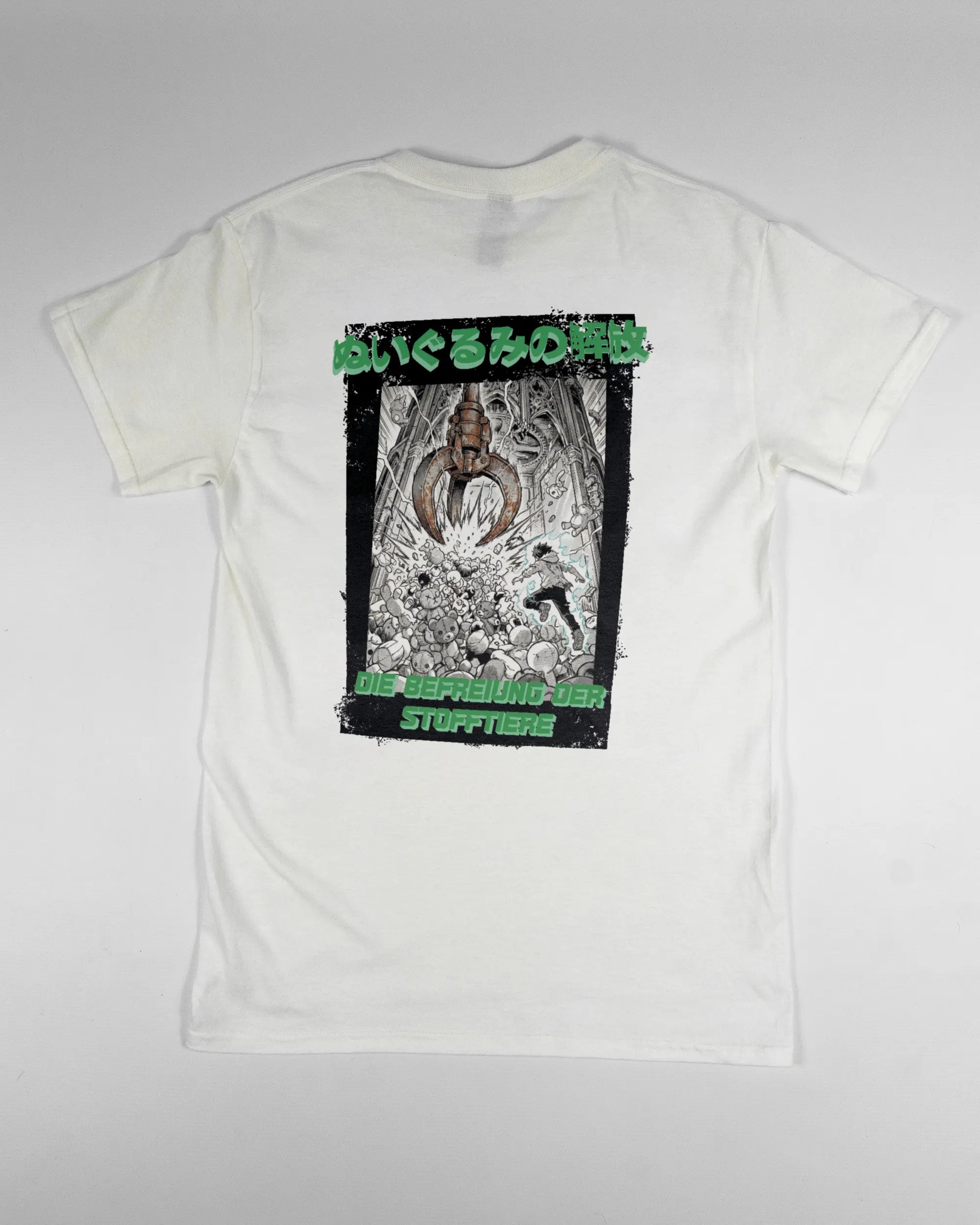 Rückseite des Basic Unisex T-Shirt Regular von Maondo mit dem Design Save 1 Stofftier in der Farbe White und in der Größe S flach auf den Boden gelegt