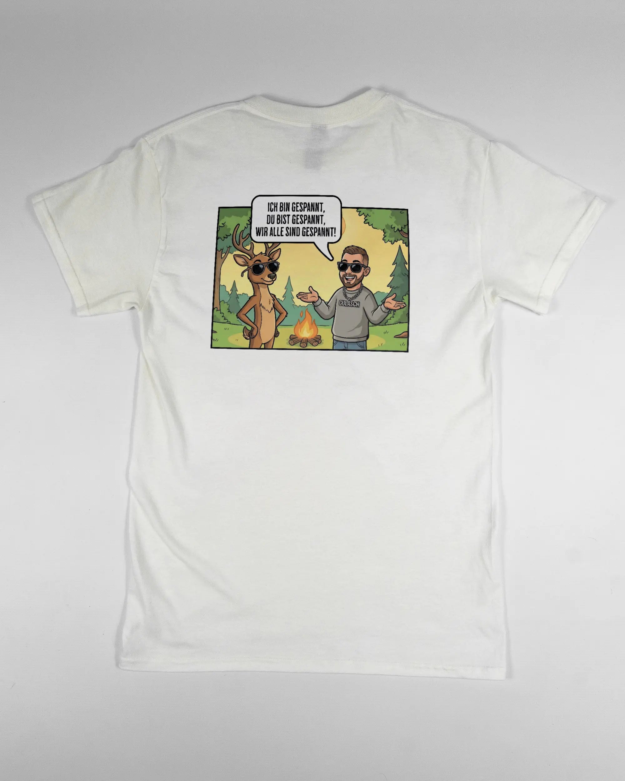 Rückseite des Basic Unisex T-Shirt Regular von Maondo mit dem Design Vollspannung in der Farbe White und in der Größe S flach auf den Boden gelegt