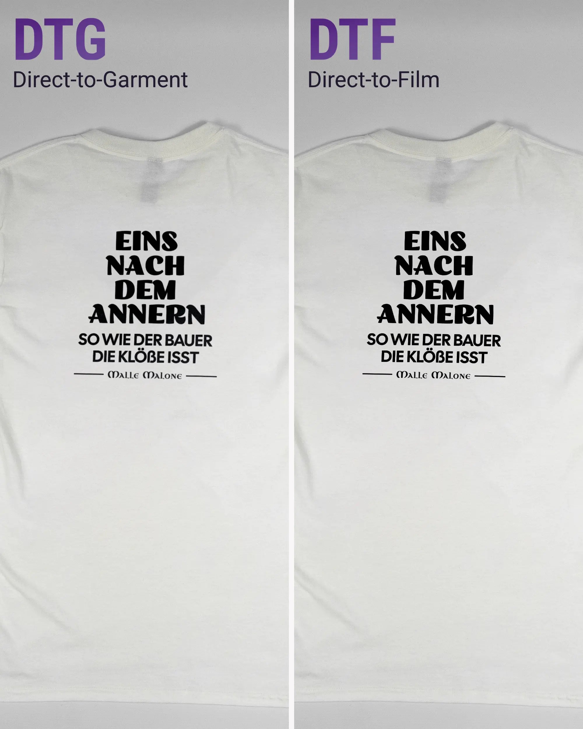 Vergleich der Rückseiten des Basic Unisex T-Shirt Regular von Maondo mit dem Design Eins nach dem Annern in der Farbe White und in der Größe S links mit dem Direct-to-Garment und rechts mit dem Direct-to-Film Verfahren