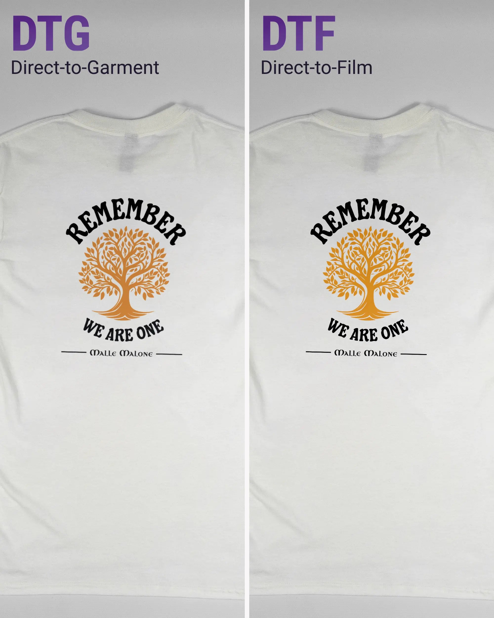 Vergleich der Rückseiten des Basic Unisex T-Shirt Regular von Maondo mit dem Design We are one in der Farbe White und in der Größe S links mit dem Direct-to-Garment und rechts mit dem Direct-to-Film Verfahren