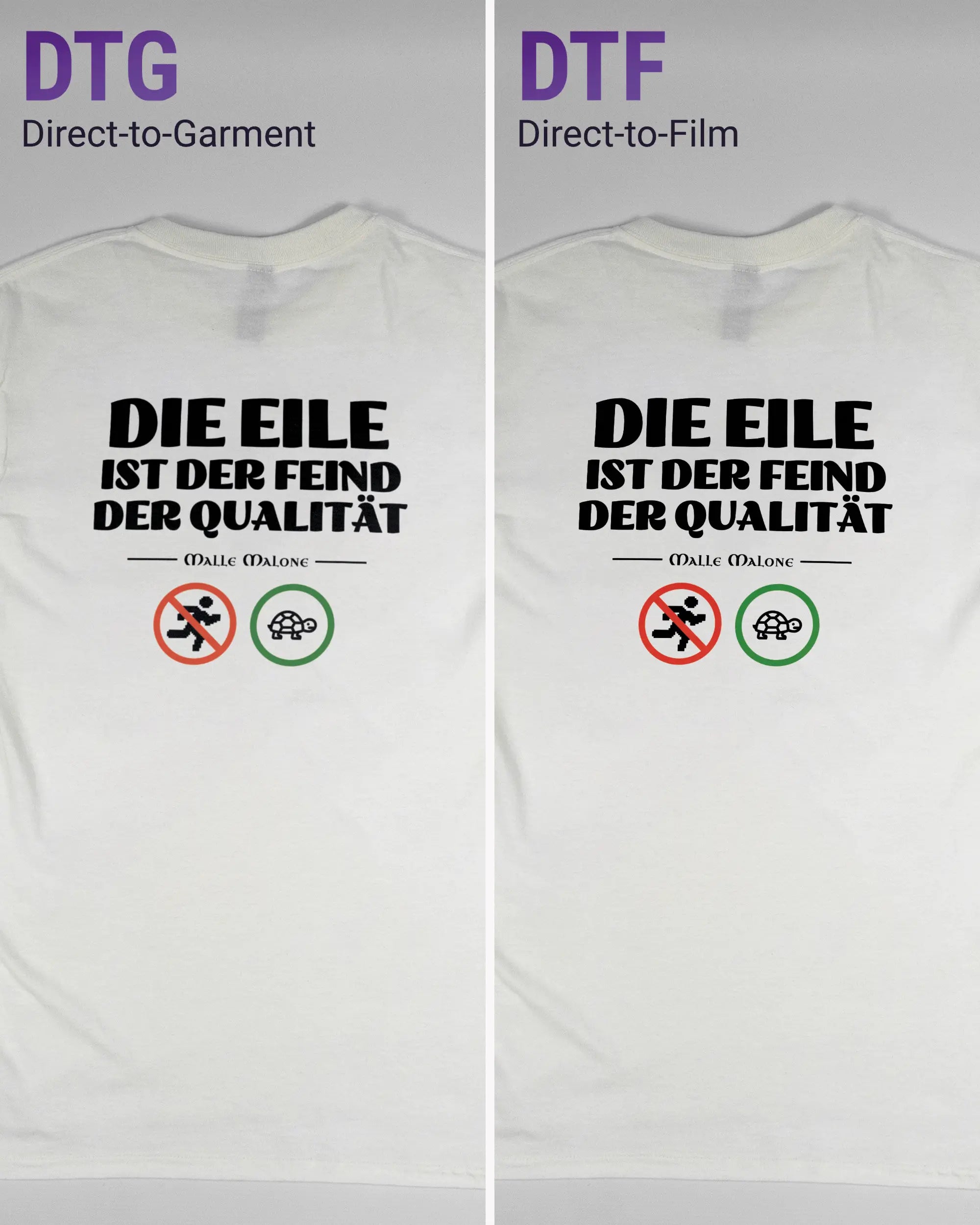 Vergleich der Rückseiten des Basic Unisex T-Shirt Regular von Maondo mit dem Design Keine Eile in der Farbe White und in der Größe S links mit dem Direct-to-Garment und rechts mit dem Direct-to-Film Verfahren