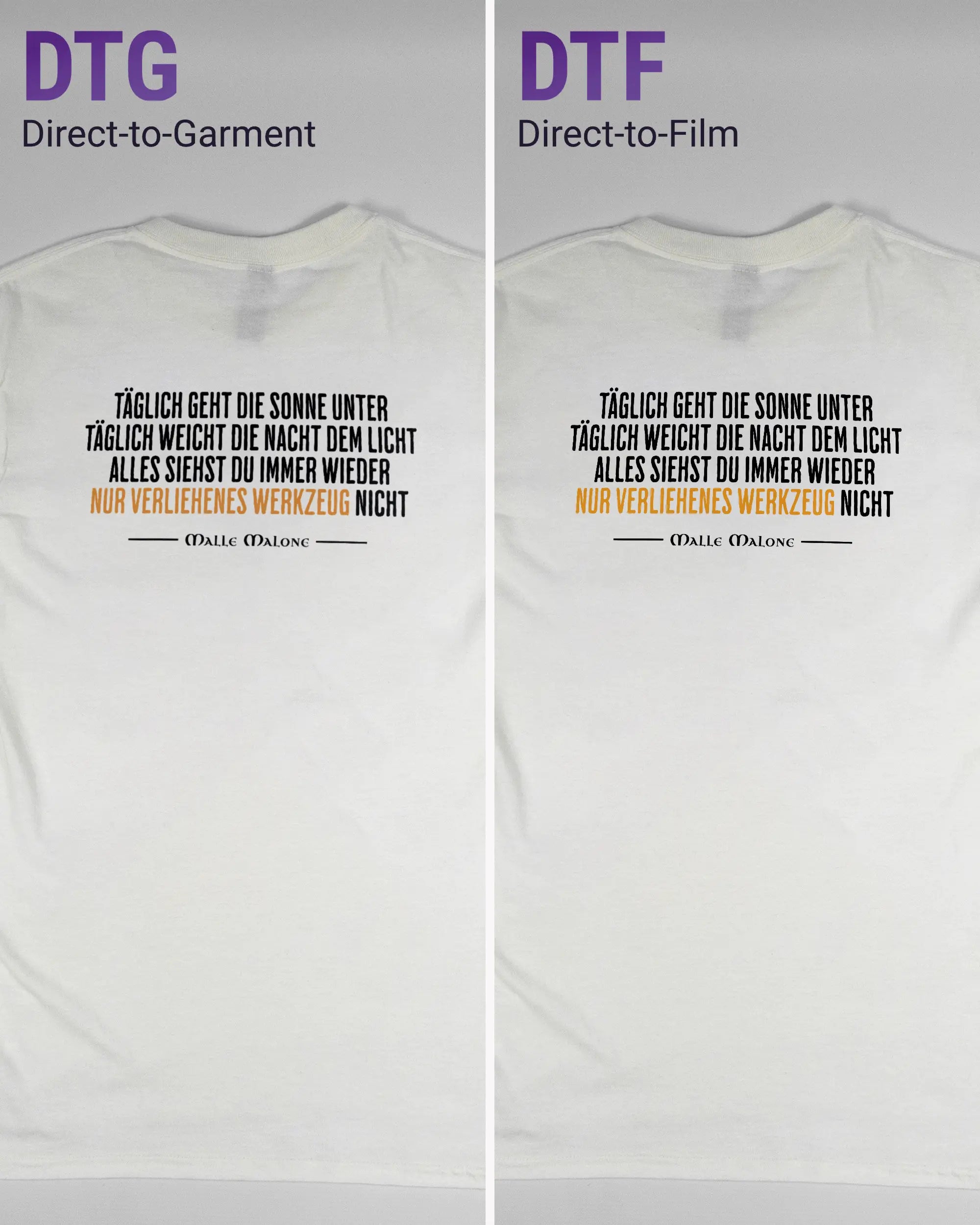 Vergleich der Rückseiten des Basic Unisex T-Shirt Regular von Maondo mit dem Design Wegzeug in der Farbe White und in der Größe S links mit dem Direct-to-Garment und rechts mit dem Direct-to-Film Verfahren