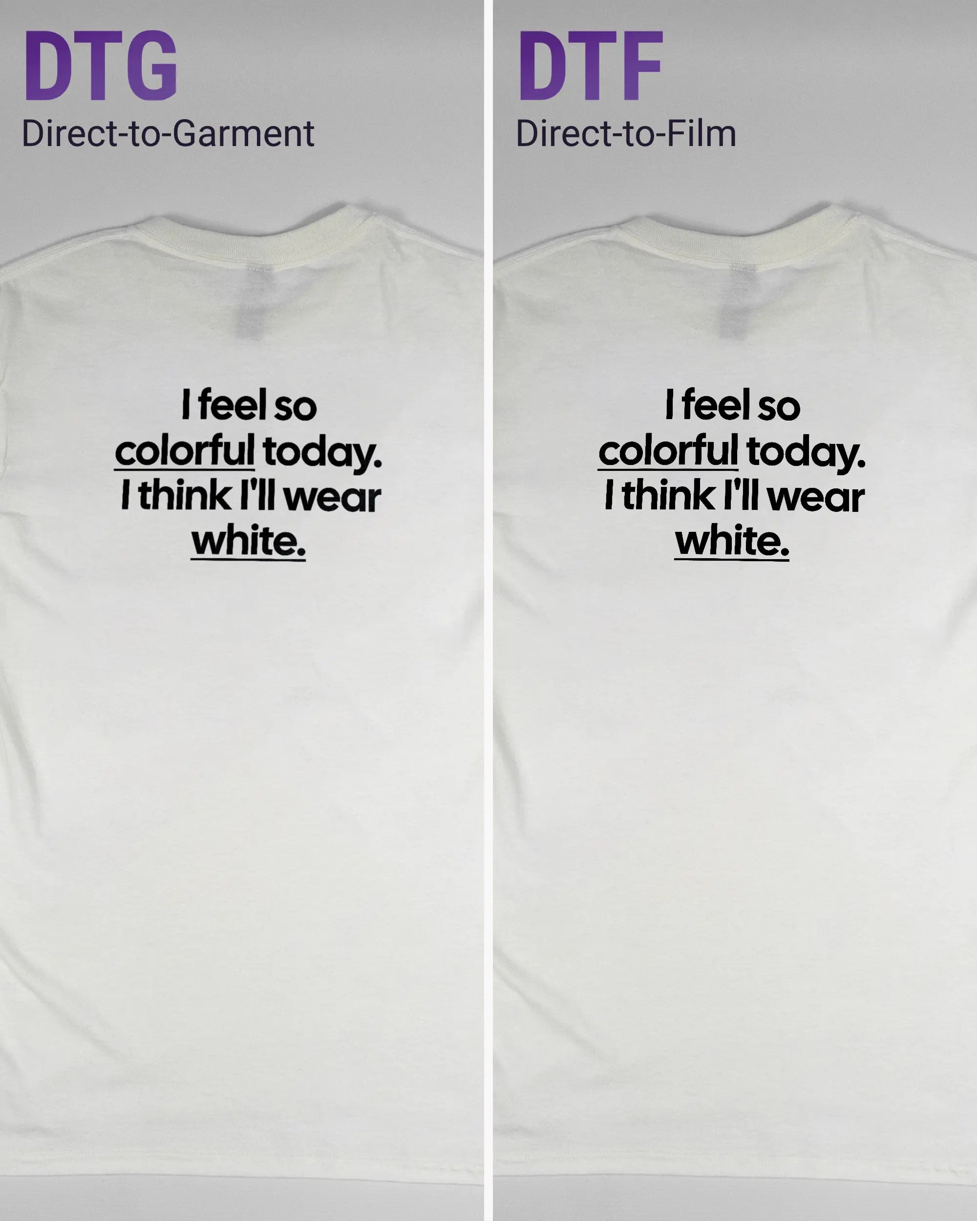 Vergleich der Rückseiten des Basic Unisex T-Shirt Regular von Maondo mit dem Design Colorful Day in der Farbe White und in der Größe S links mit dem Direct-to-Garment und rechts mit dem Direct-to-Film Verfahren