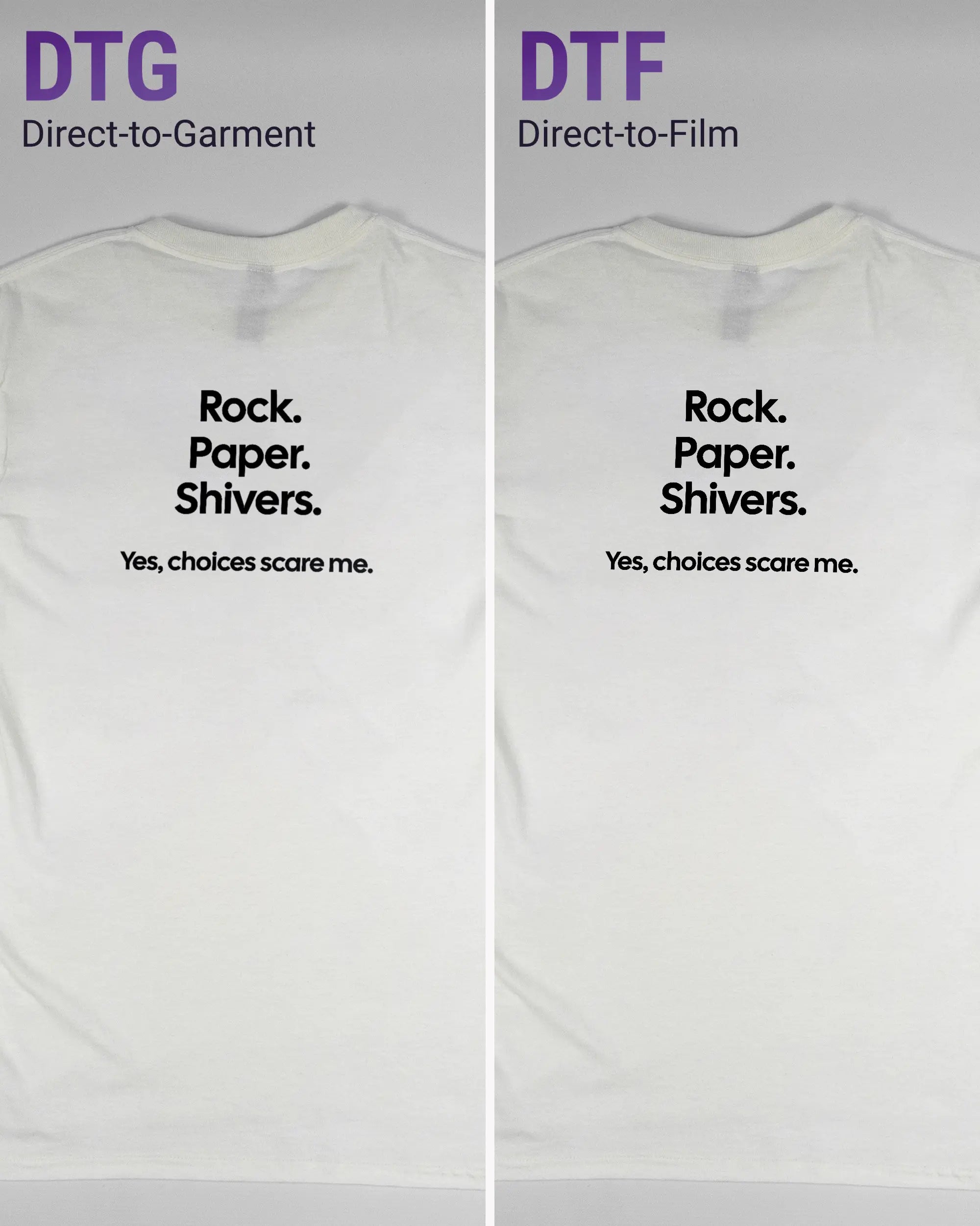 Vergleich der Rückseiten des Basic Unisex T-Shirt Regular von Maondo mit dem Design Rock Paper Shivers in der Farbe White und in der Größe S links mit dem Direct-to-Garment und rechts mit dem Direct-to-Film Verfahren