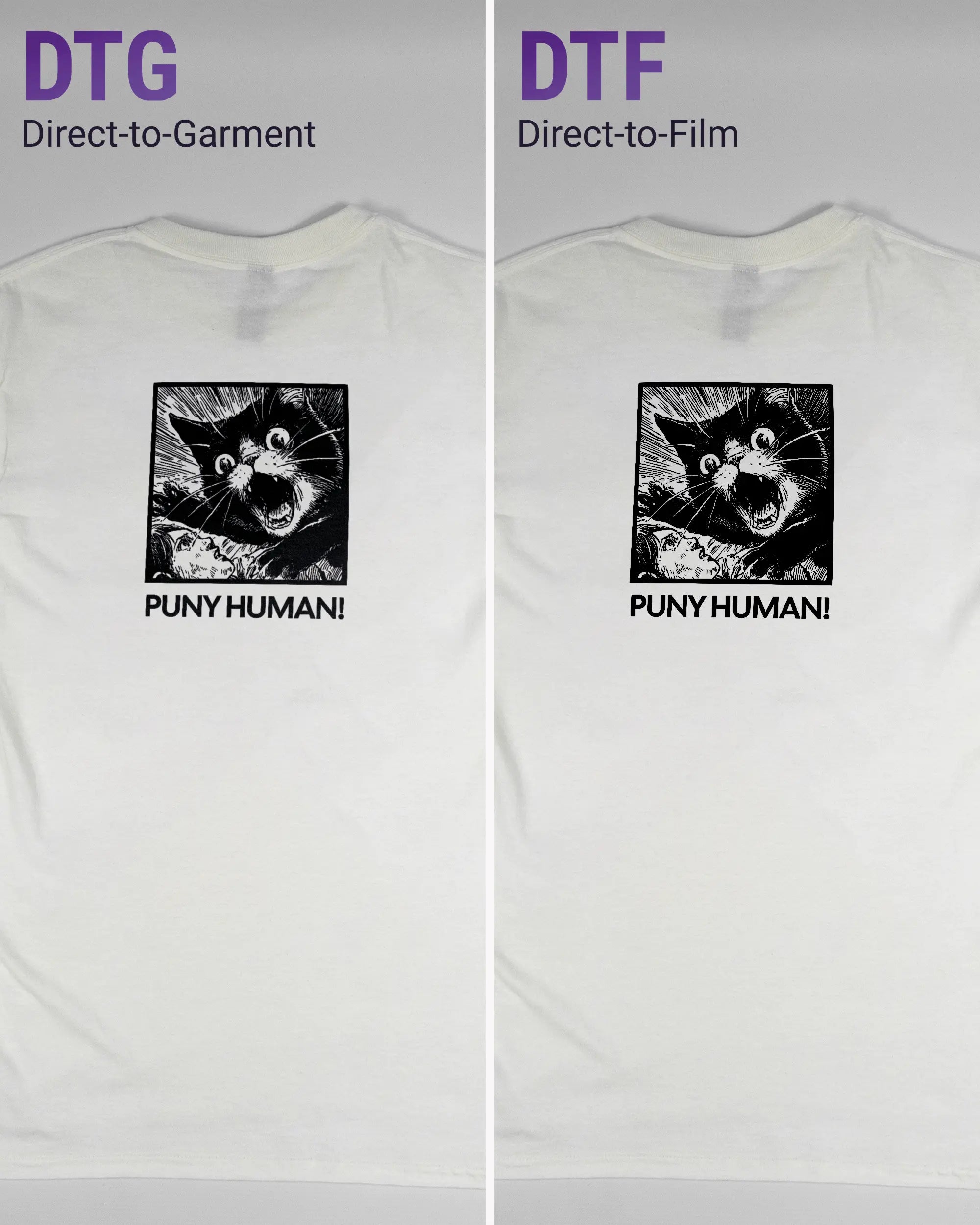 Vergleich der Rückseiten des Basic Unisex T-Shirt Regular von Maondo mit dem Design Puny Human in der Farbe White und in der Größe S links mit dem Direct-to-Garment und rechts mit dem Direct-to-Film Verfahren