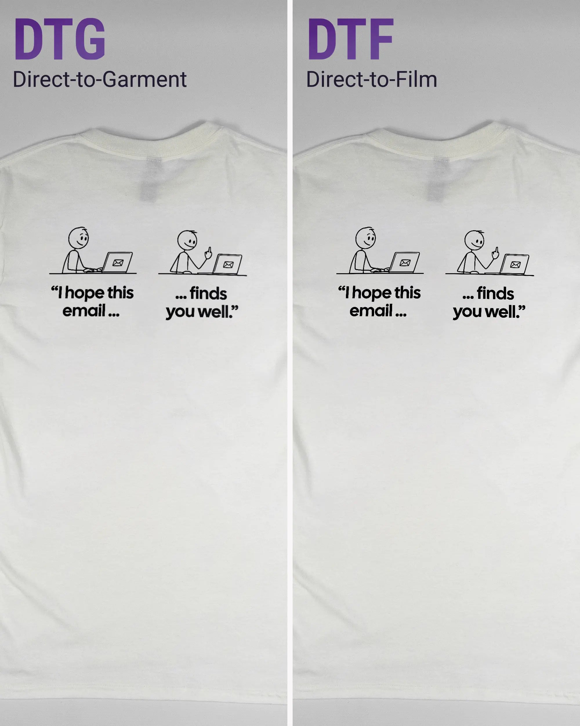 Vergleich der Rückseiten des Basic Unisex T-Shirt Regular von Maondo mit dem Design Found me not well in der Farbe White und in der Größe S links mit dem Direct-to-Garment und rechts mit dem Direct-to-Film Verfahren