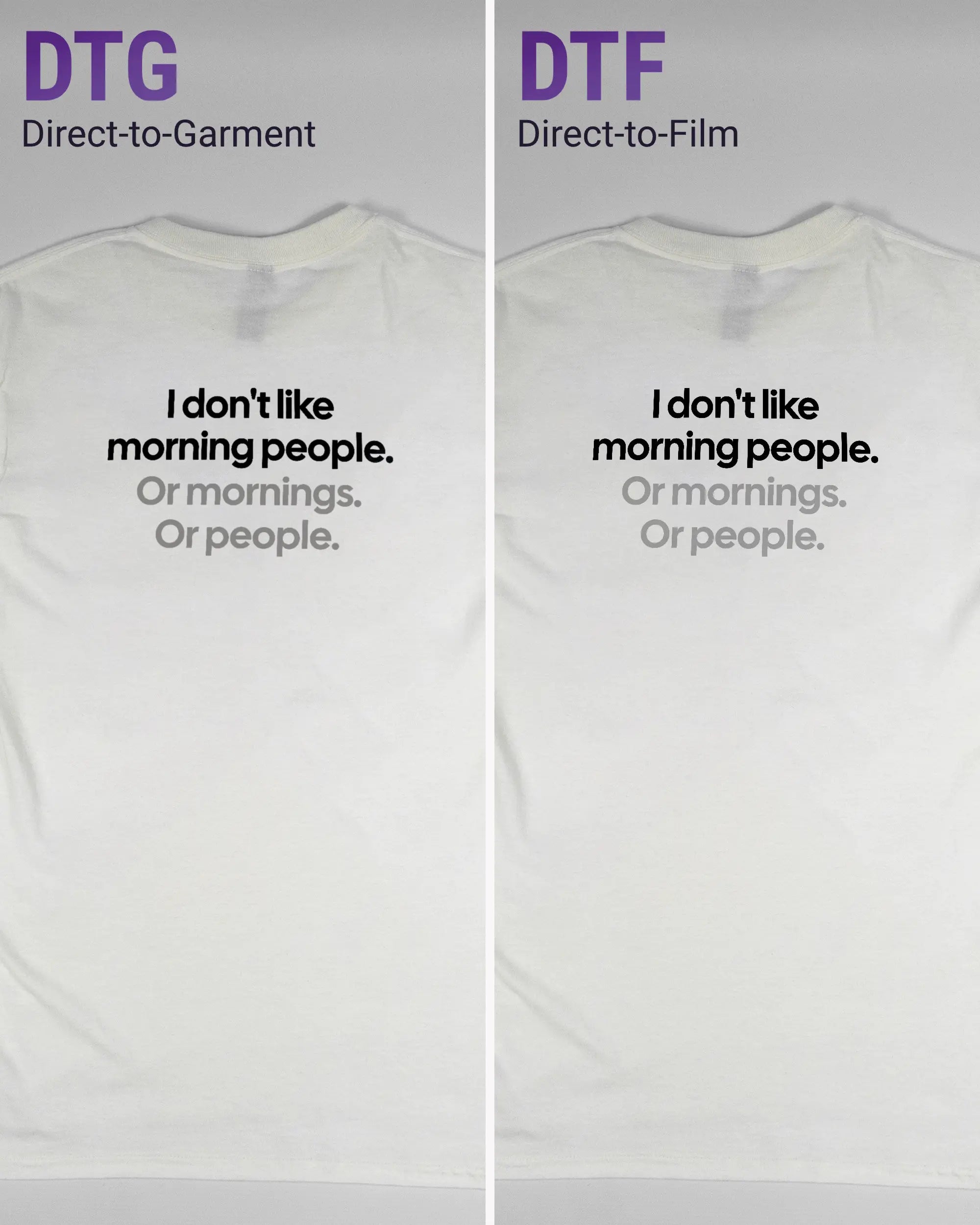 Vergleich der Rückseiten des Basic Unisex T-Shirt Regular von Maondo mit dem Design Morning Person in der Farbe White und in der Größe S links mit dem Direct-to-Garment und rechts mit dem Direct-to-Film Verfahren