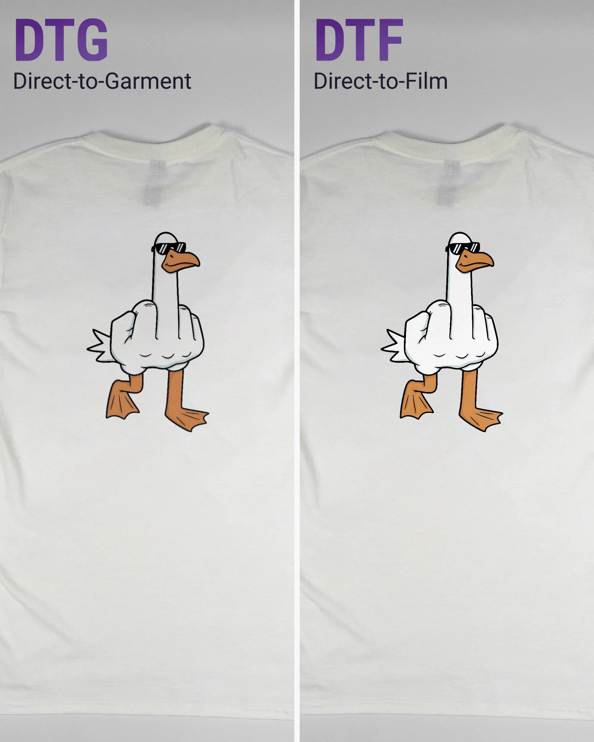 Vergleich der Rückseiten des Basic Unisex T-Shirt Regular von Maondo mit dem Design I give a duck in der Farbe White und in der Größe S links mit dem Direct-to-Garment und rechts mit dem Direct-to-Film Verfahren