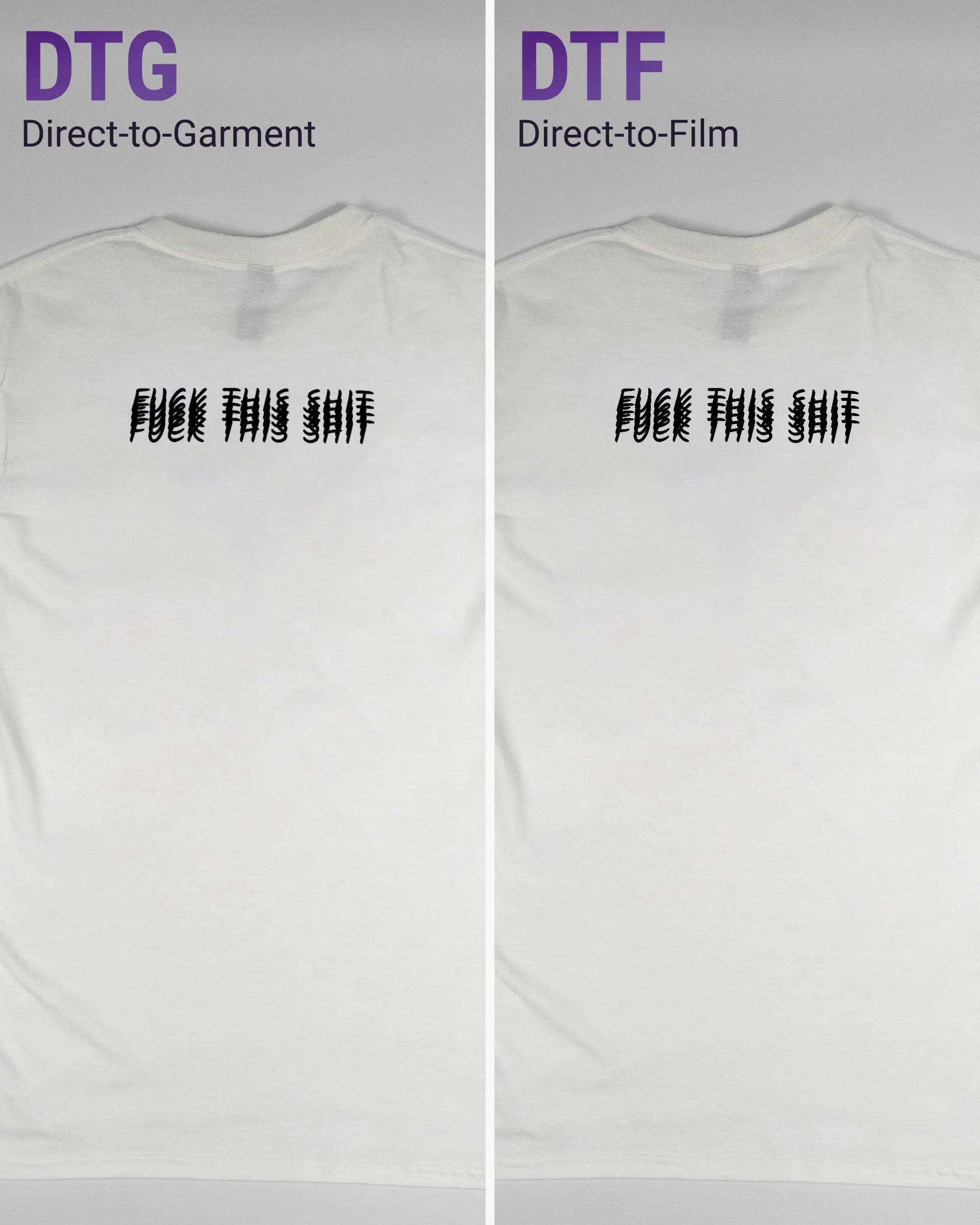 Vergleich der Rückseiten des Basic Unisex T-Shirt Regular von Maondo mit dem Design Hidden Message in der Farbe White und in der Größe S links mit dem Direct-to-Garment und rechts mit dem Direct-to-Film Verfahren