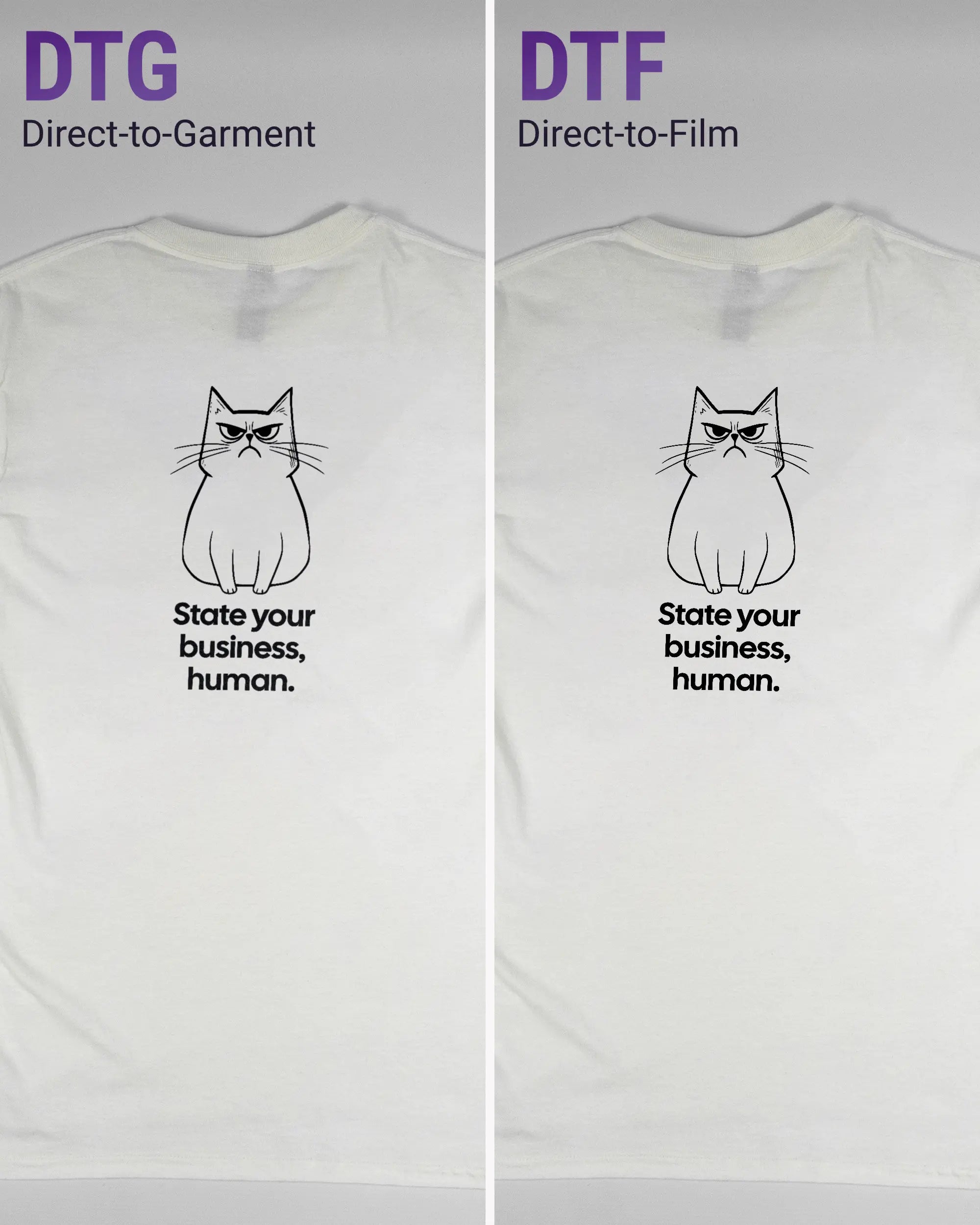 Vergleich der Rückseiten des Basic Unisex T-Shirt Regular von Maondo mit dem Design Grumpy Purr in der Farbe White und in der Größe S links mit dem Direct-to-Garment und rechts mit dem Direct-to-Film Verfahren