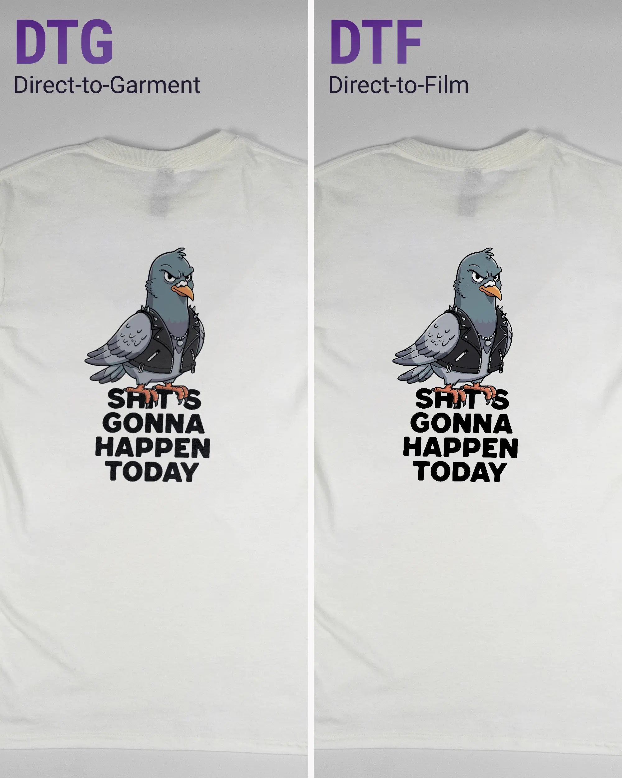 Vergleich der Rückseiten des Basic Unisex T-Shirt Regular von Maondo mit dem Design Pigeon Pun in der Farbe White und in der Größe S links mit dem Direct-to-Garment und rechts mit dem Direct-to-Film Verfahren