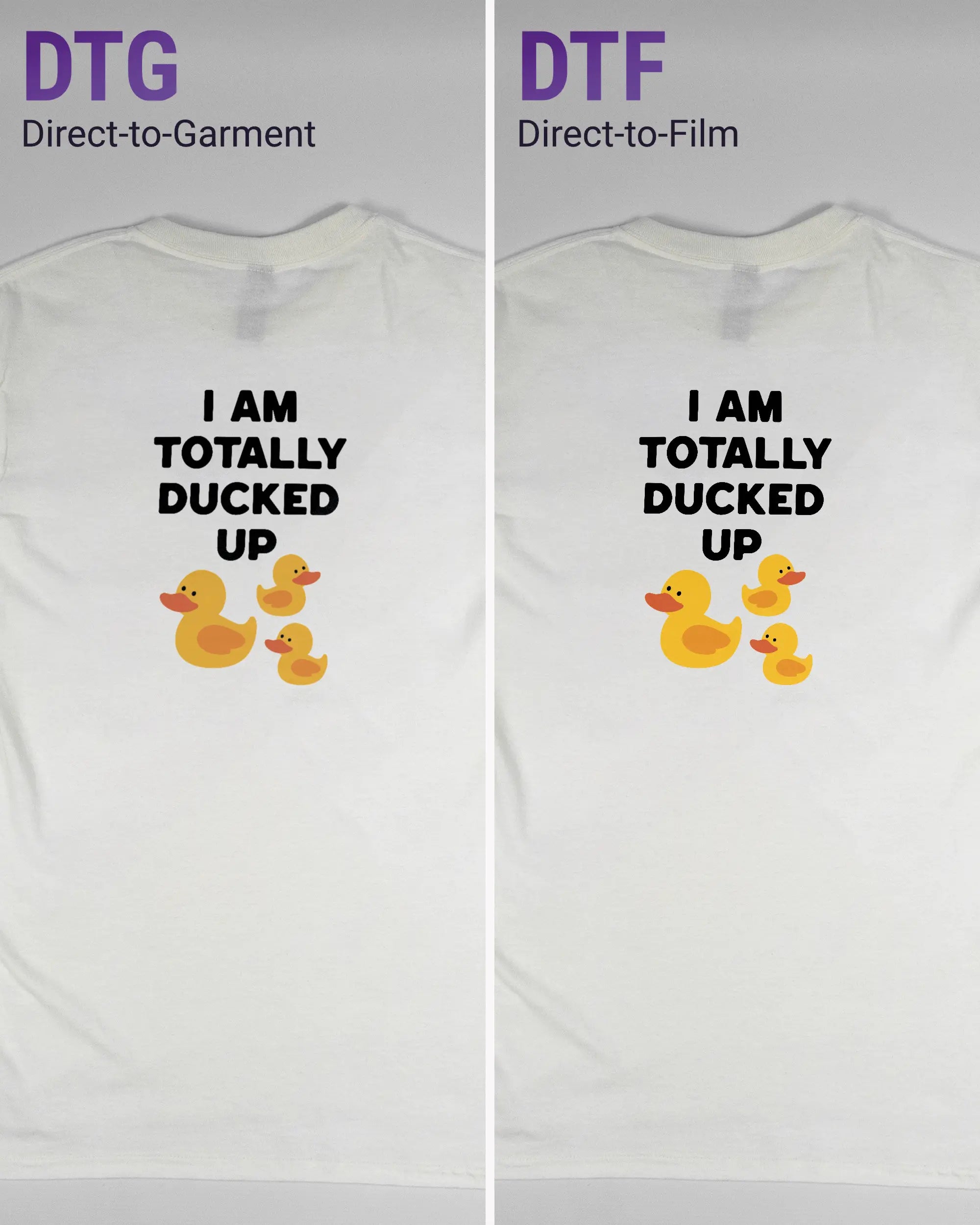 Vergleich der Rückseiten des Basic Unisex T-Shirt Regular von Maondo mit dem Design Ducked Up in der Farbe White und in der Größe S links mit dem Direct-to-Garment und rechts mit dem Direct-to-Film Verfahren