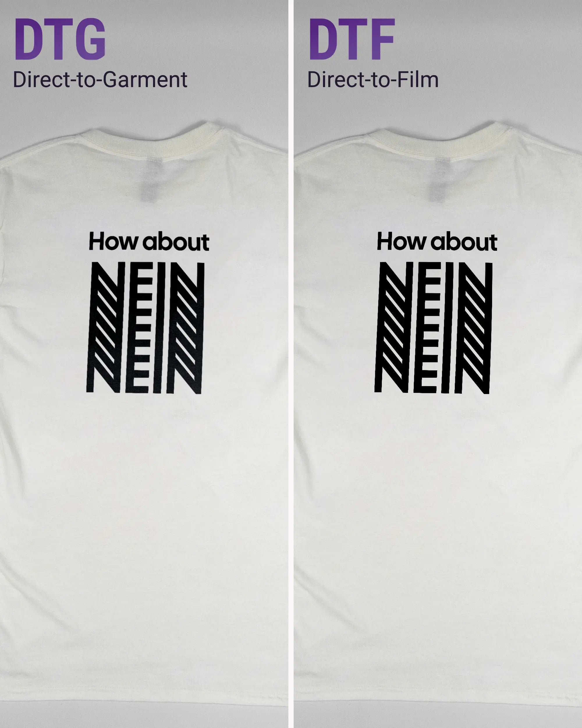 Vergleich der Rückseiten des Basic Unisex T-Shirt Regular von Maondo mit dem Design How about nein in der Farbe White und in der Größe S links mit dem Direct-to-Garment und rechts mit dem Direct-to-Film Verfahren