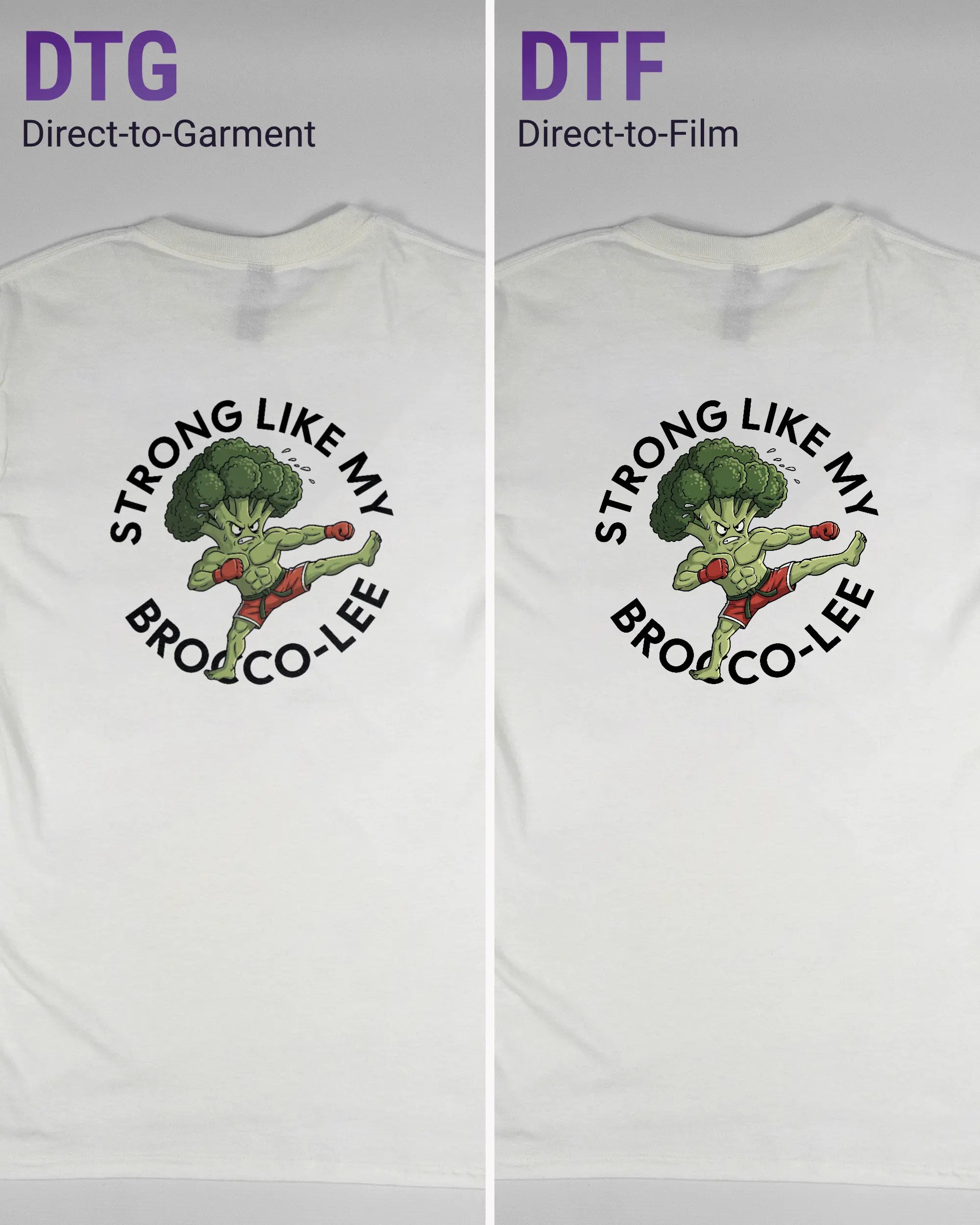 Vergleich der Rückseiten des Basic Unisex T-Shirt Regular von Maondo mit dem Design Brocco-Lee in der Farbe White und in der Größe S links mit dem Direct-to-Garment und rechts mit dem Direct-to-Film Verfahren
