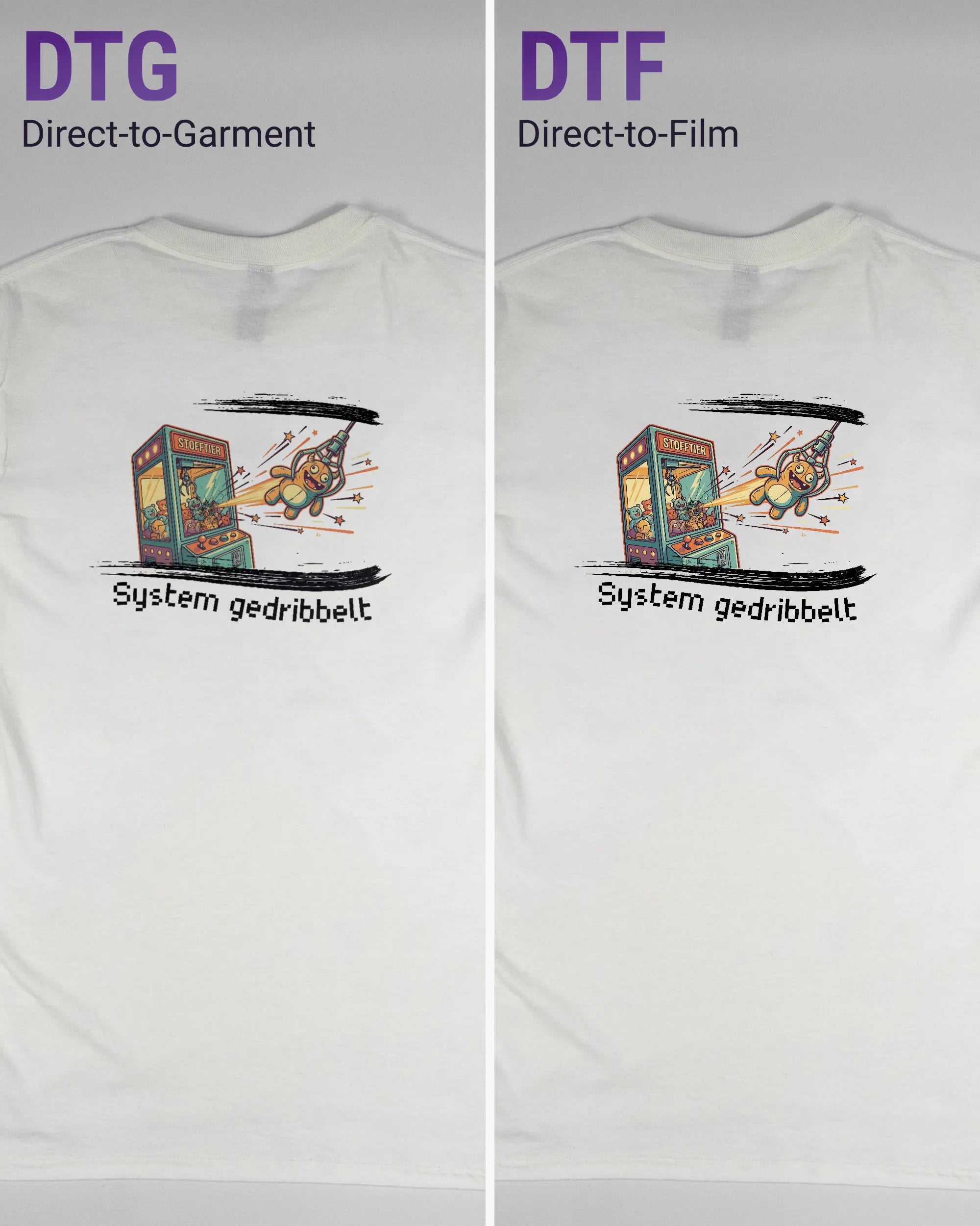 Vergleich der Rückseiten des Basic Unisex T-Shirt Regular von Maondo mit dem Design System gedribbelt in der Farbe White und in der Größe S links mit dem Direct-to-Garment und rechts mit dem Direct-to-Film Verfahren