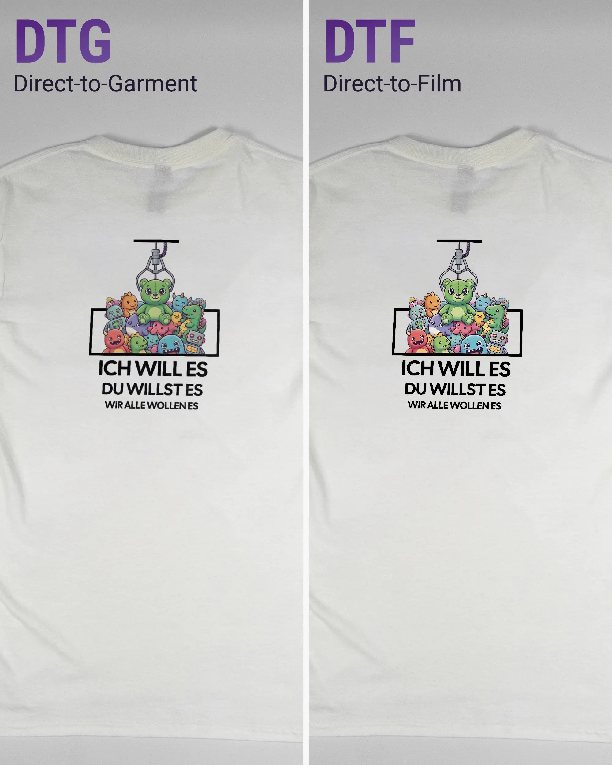 Vergleich der Rückseiten des Basic Unisex T-Shirt Regular von Maondo mit dem Design Will Stofftier in der Farbe White und in der Größe S links mit dem Direct-to-Garment und rechts mit dem Direct-to-Film Verfahren