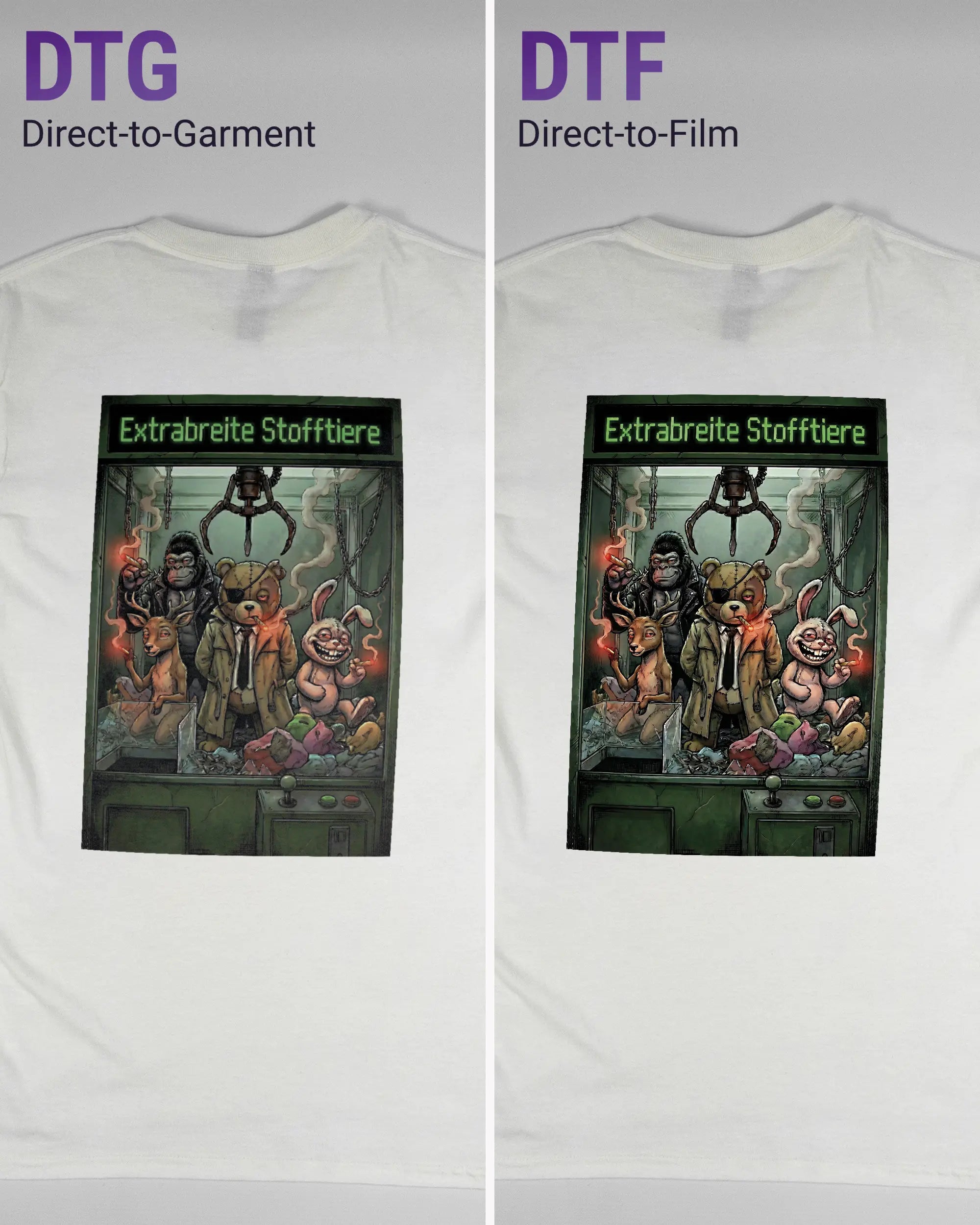 Vergleich der Rückseiten des Basic Unisex T-Shirt Regular von Maondo mit dem Design Extrabreit in der Farbe White und in der Größe S links mit dem Direct-to-Garment und rechts mit dem Direct-to-Film Verfahren