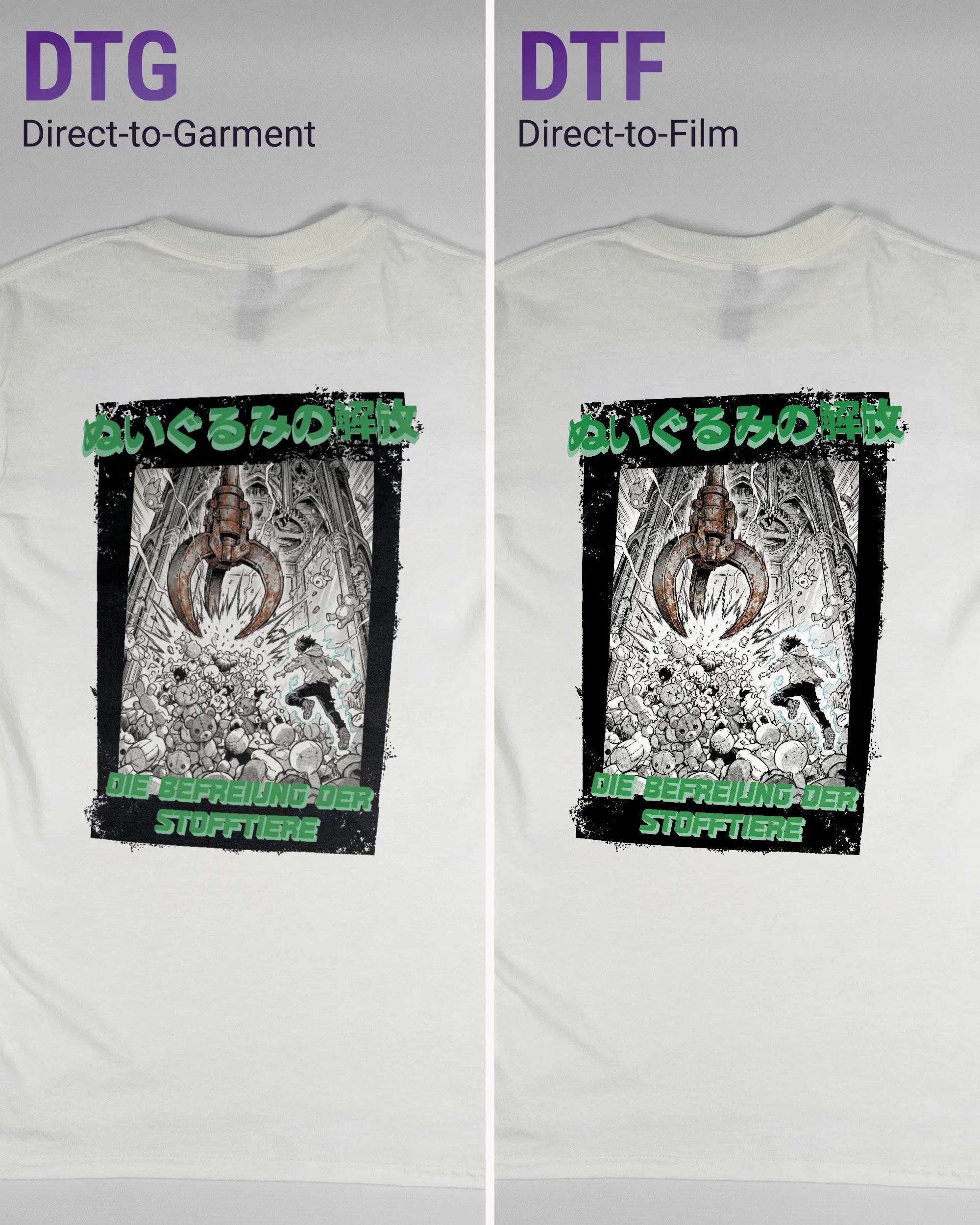 Vergleich der Rückseiten des Basic Unisex T-Shirt Regular von Maondo mit dem Design Save 1 Stofftier in der Farbe White und in der Größe S links mit dem Direct-to-Garment und rechts mit dem Direct-to-Film Verfahren