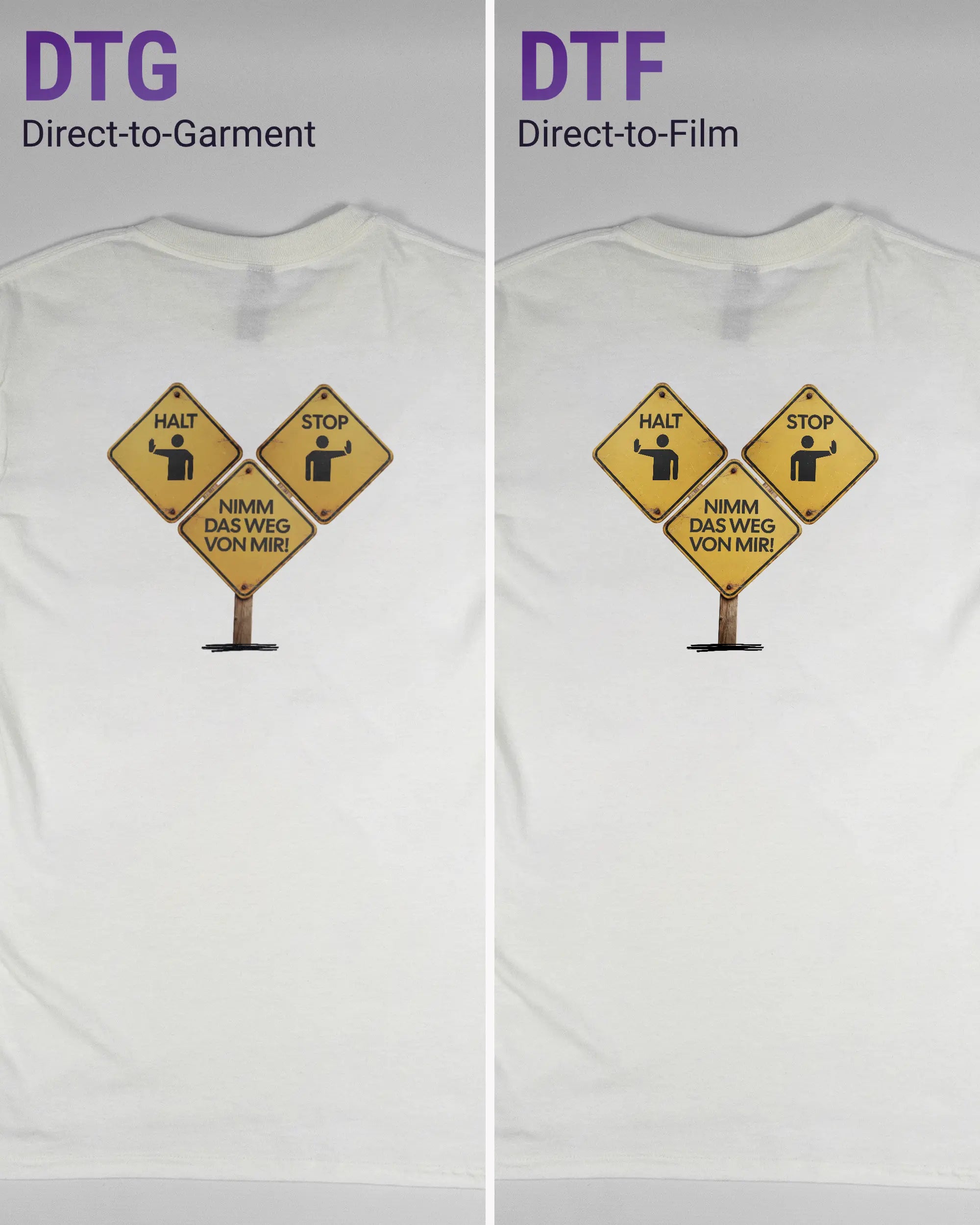Vergleich der Rückseiten des Basic Unisex T-Shirt Regular von Maondo mit dem Design Schutzschild in der Farbe White und in der Größe S links mit dem Direct-to-Garment und rechts mit dem Direct-to-Film Verfahren