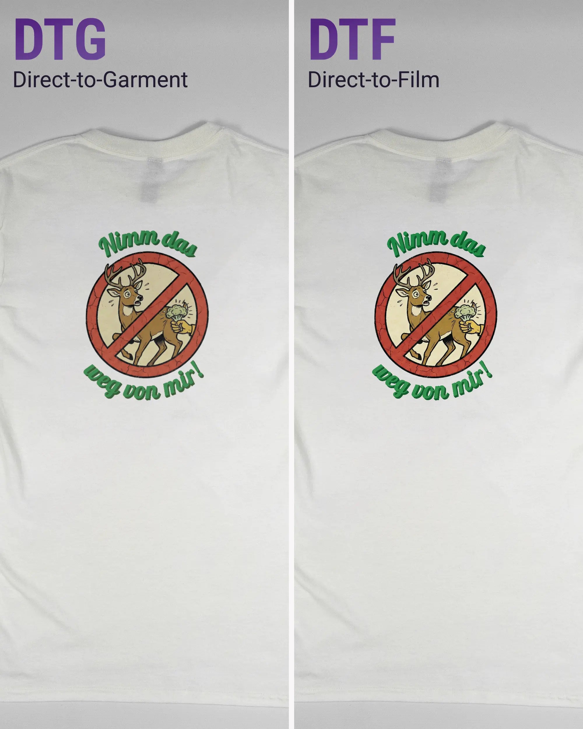 Vergleich der Rückseiten des Basic Unisex T-Shirt Regular von Maondo mit dem Design Reh weg in der Farbe White und in der Größe S links mit dem Direct-to-Garment und rechts mit dem Direct-to-Film Verfahren